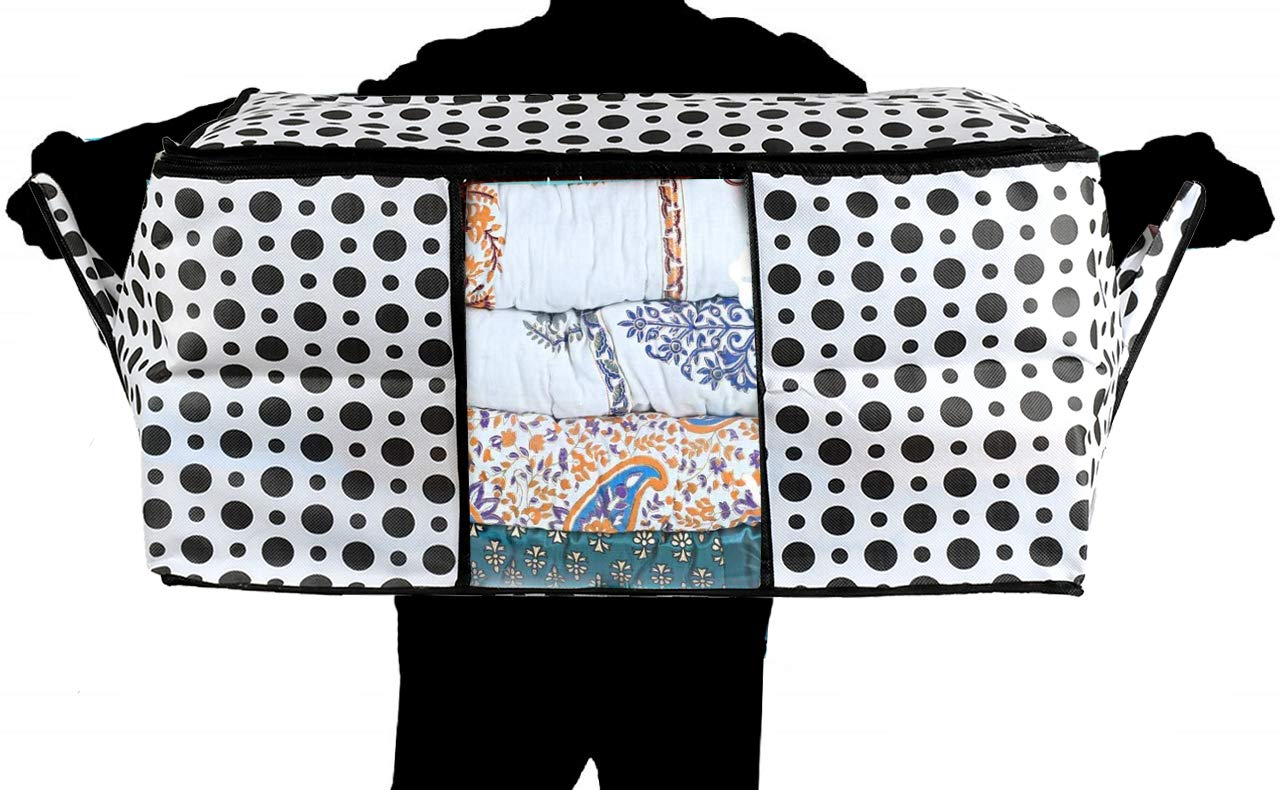 Kuber Industries Polka Dots Design Non Woven Underbed Storage Bag, Cloth Organiser, Blanket Cover with Transparent Window (Black & White) -CTKTC38100 - view 4