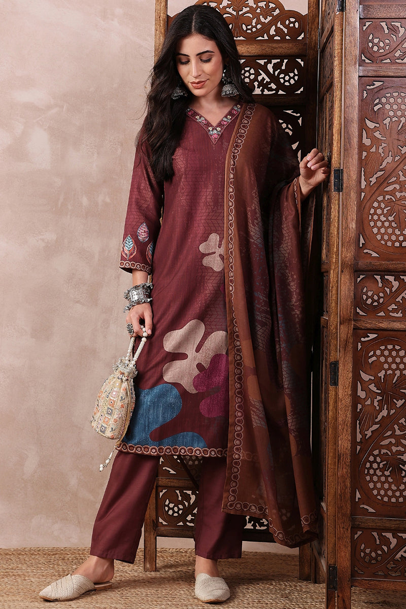 Ahika Brown Rayon Blend Floral Printed Straight Trouser Bottom Suit Set PKSKD2552BRN