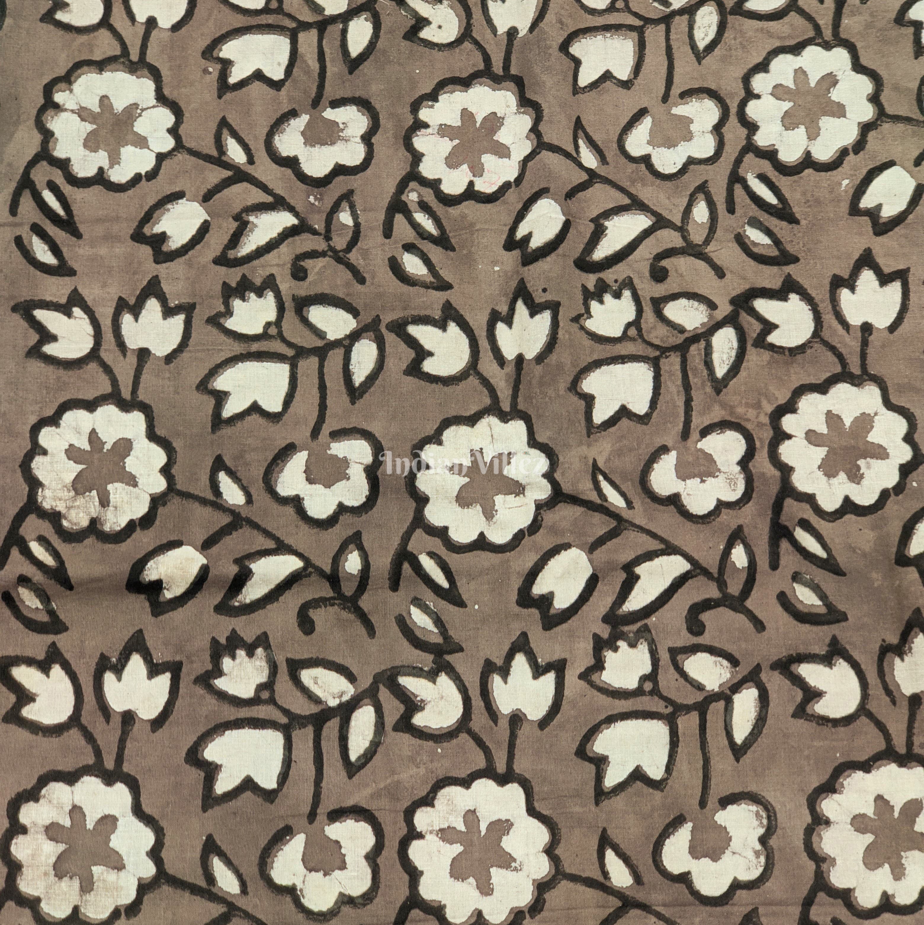 IndianVillèz Gray White Floral Hand Block Printed Cotton Fabric - view 2