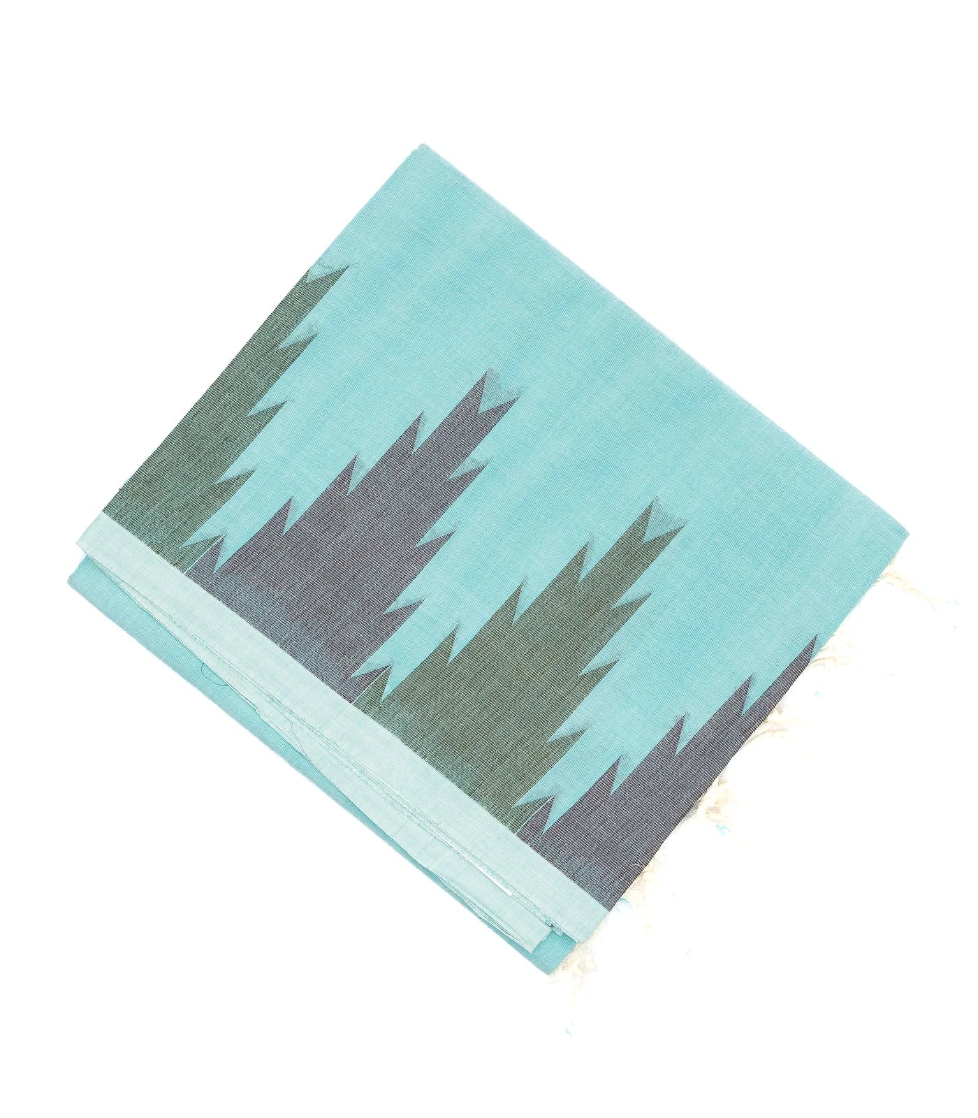 RmKV Light Blue Handloom Village Cotton Saree With Temple Border