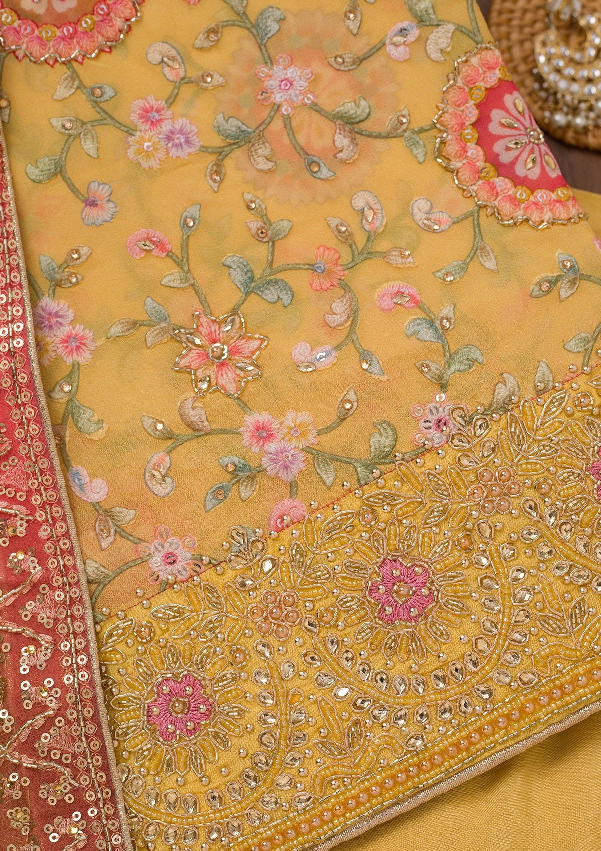 Koskii Yellow Threadwork Semi Crepe Unstitched Salwar Suit - view 2