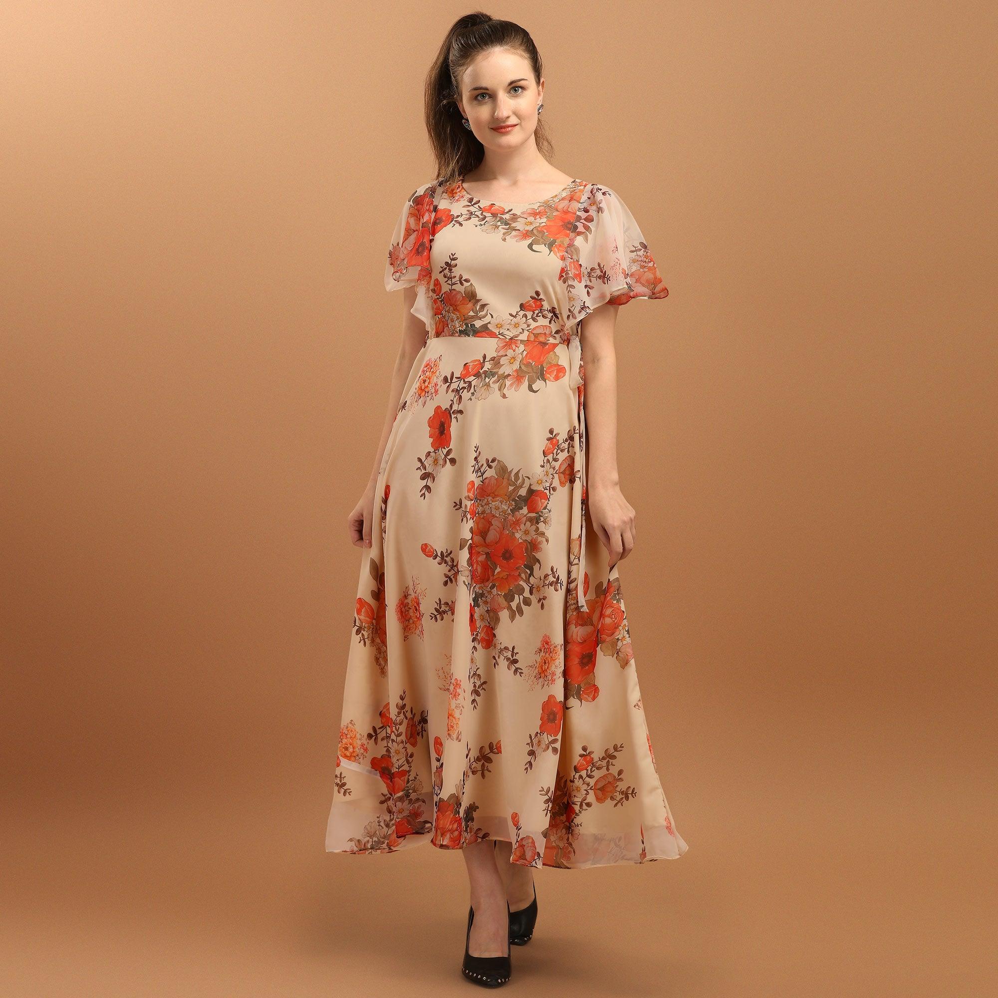 Peachmode Cream Floral Printed Chiffon Western Dress