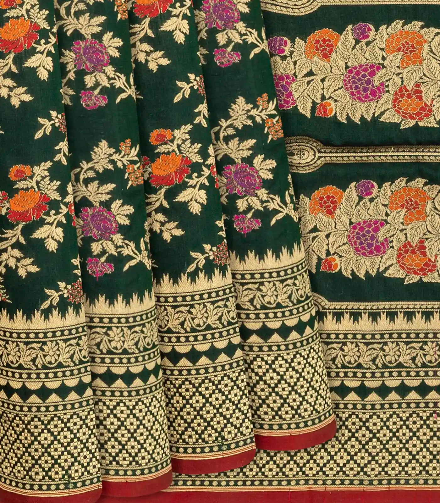 RmKV Bottle Green Handloom Banarasi Silk Saree With Meena Floral Motifs-Bottle Green