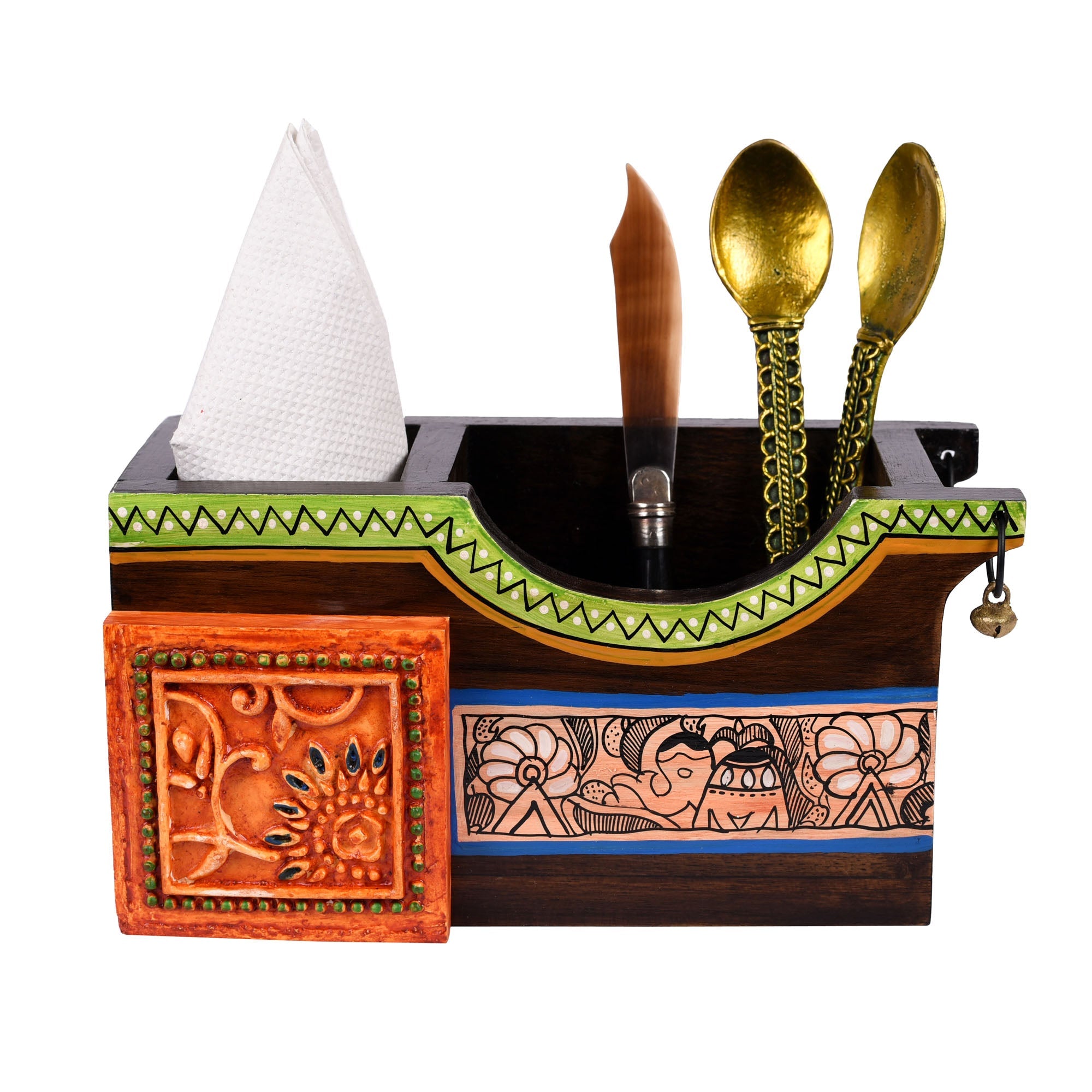 ART CREATIONS BY SUMAN SONTHALIA Brown - Cutlery Holder Handcrafted in Wood with Madhubani Art (8x3.5x4") - view 2
