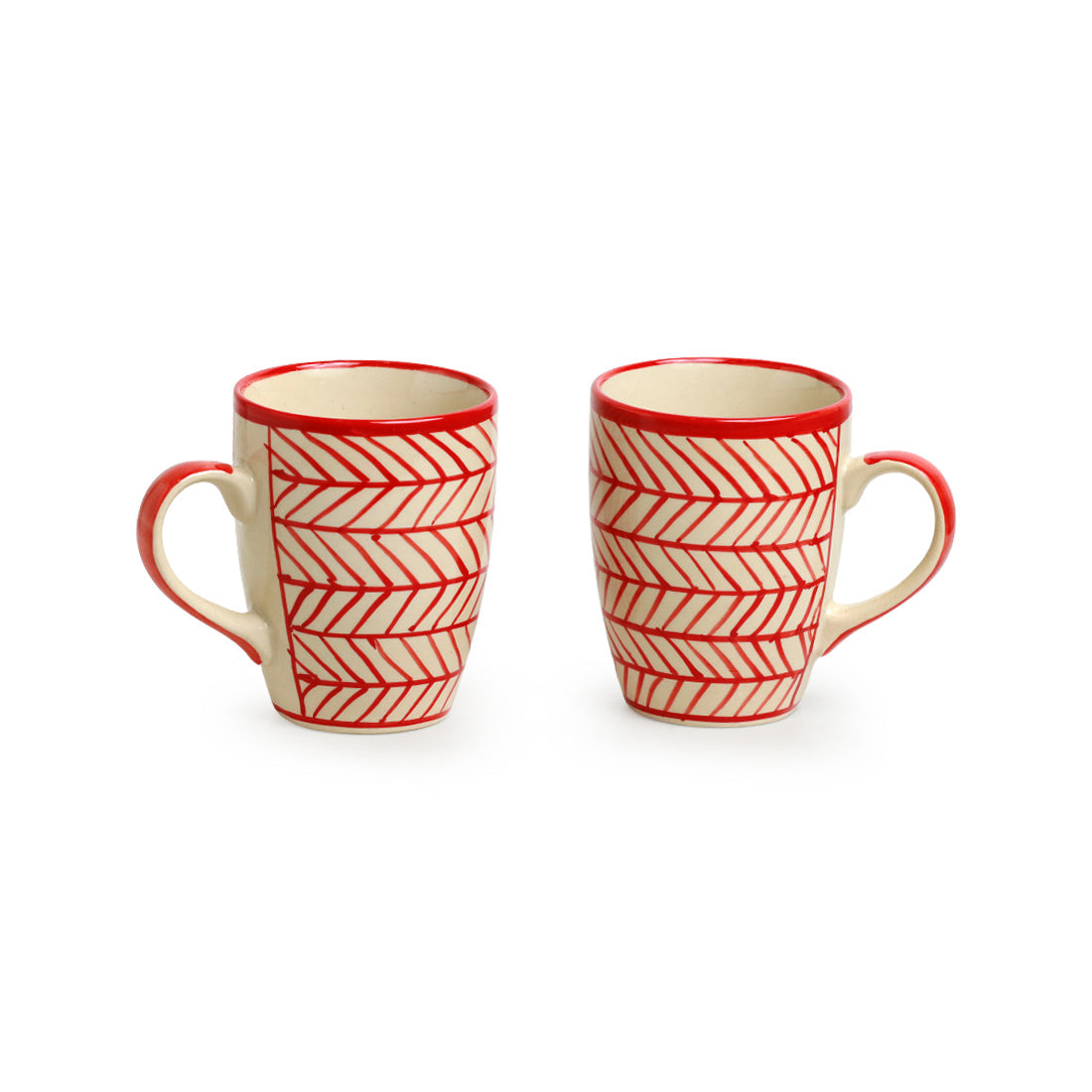 EXCLUSIVELANE 'Red Chevrons' Handpainted Ceramic Tea & Coffee Mugs (Set of 2, 260 ML, Microwave Safe) - view 2