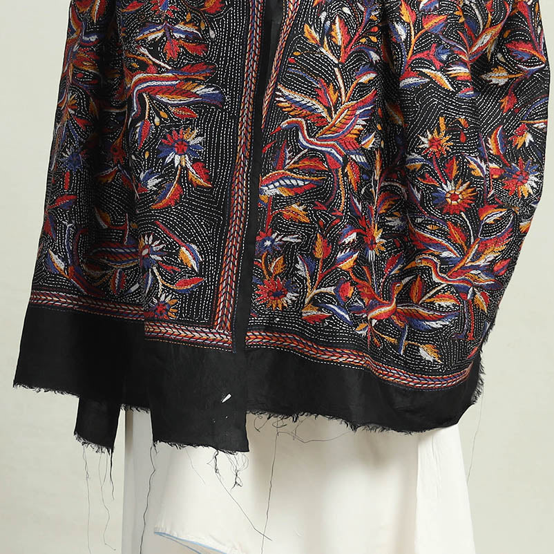 KHUSHBASH - HAPPY LOOM OF EAST Black - Bengal Kantha Hand Embroidery Bangalore Silk Handloom Dupatta 19 - view 4