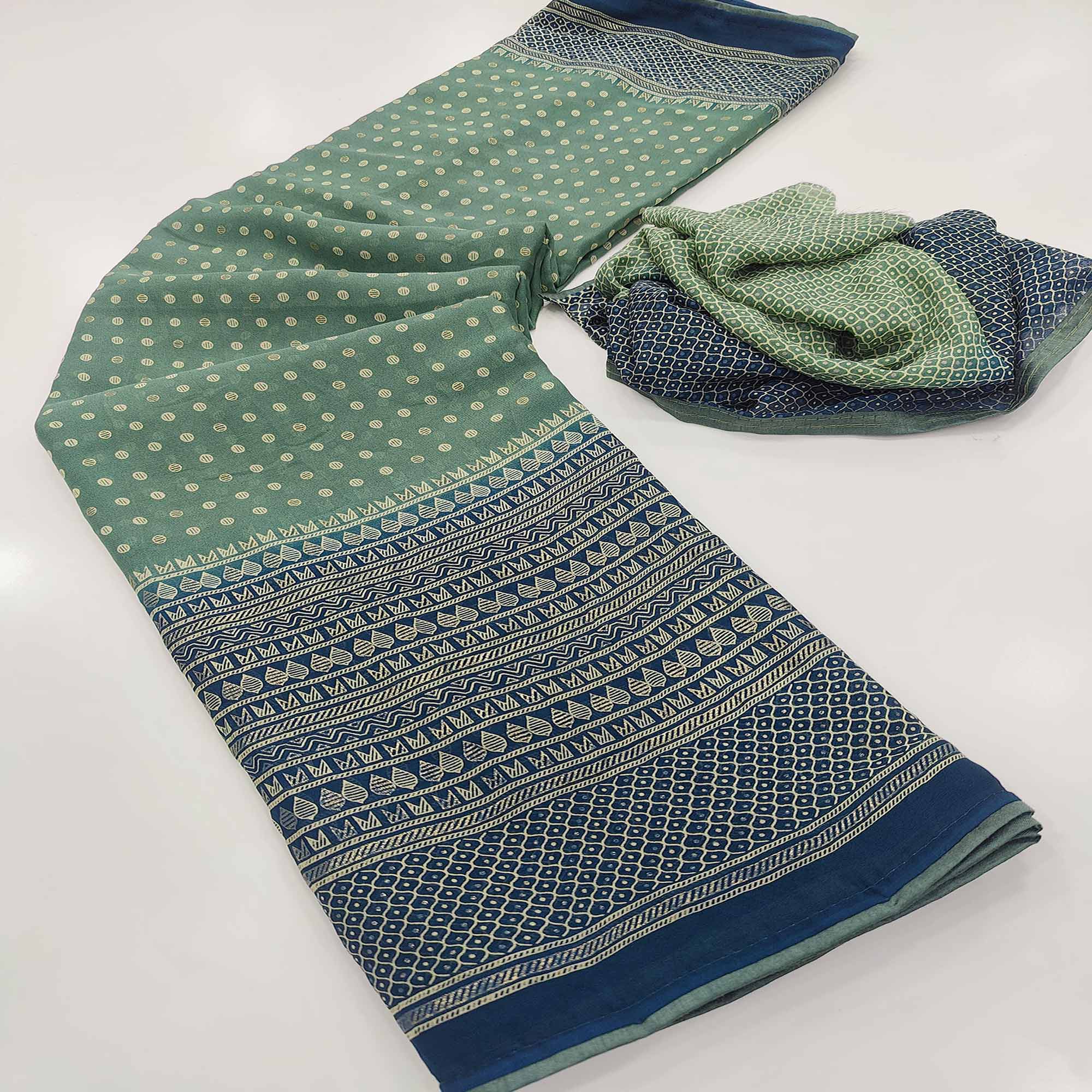 Peachmode Dusty Green Foil Printed Georgette Saree