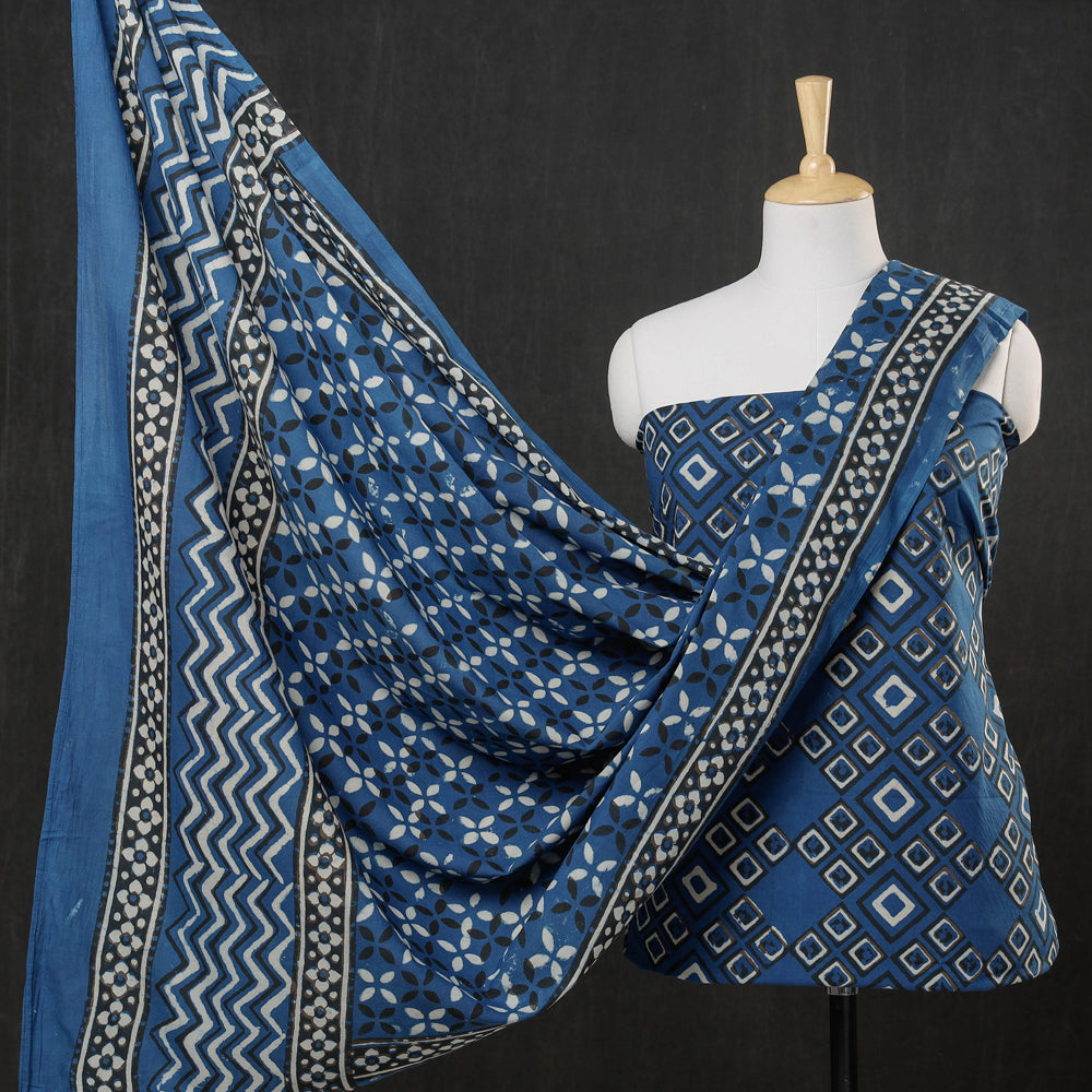 HAVELI CHRONICLES Blue - 3pc Cotton Block Printed Pipad Dress Material Set