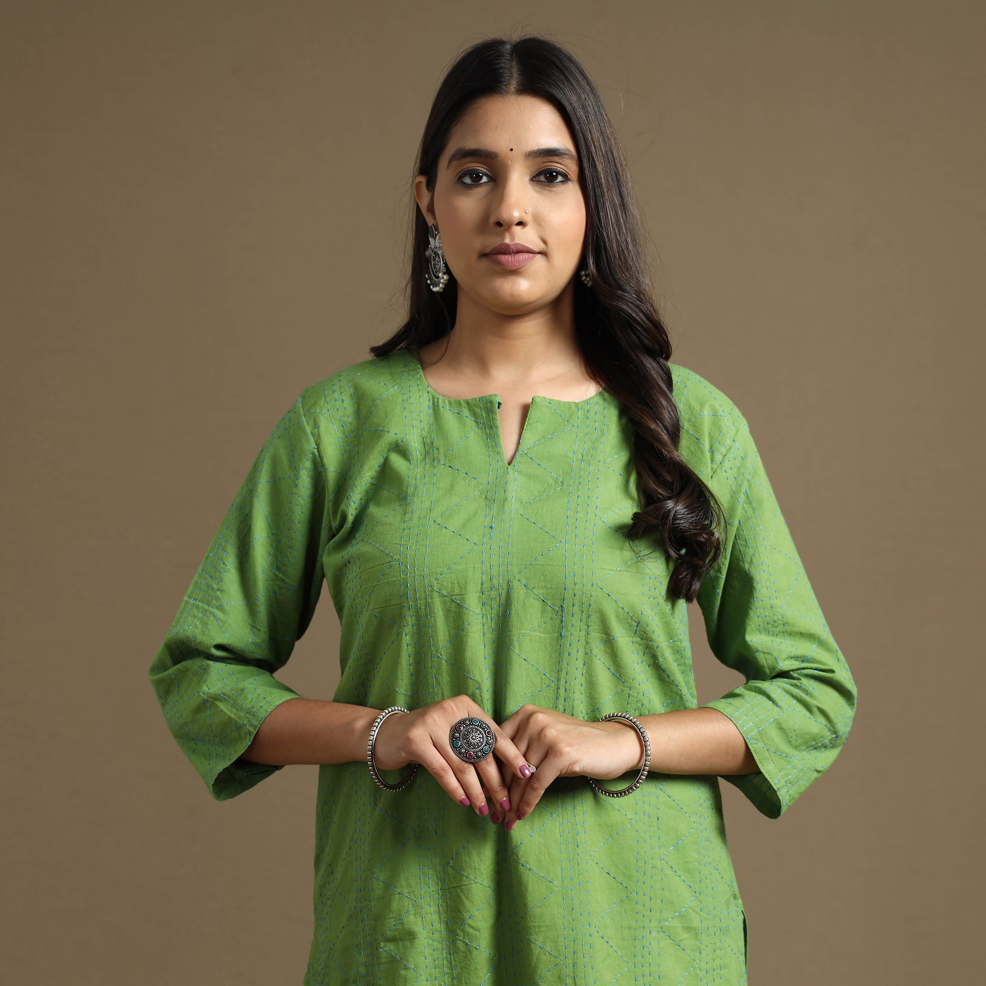 ITOKRI CASUALS Apple Green Plain Cotton Tagai Work Long Kurta
