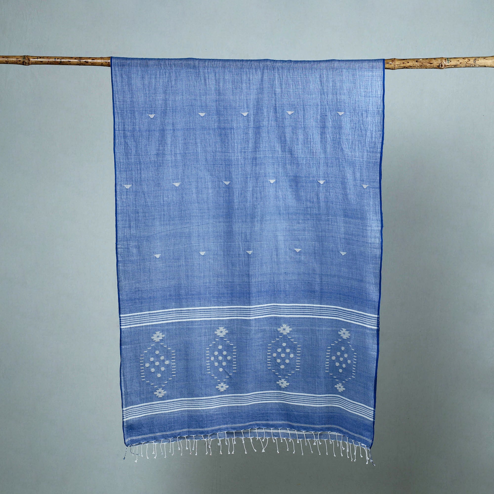 KHUSHBASH - HAPPY LOOM OF EAST Blue - Burdwan Jamdani Cotton Handloom Stole with Tassels 05 - view 2