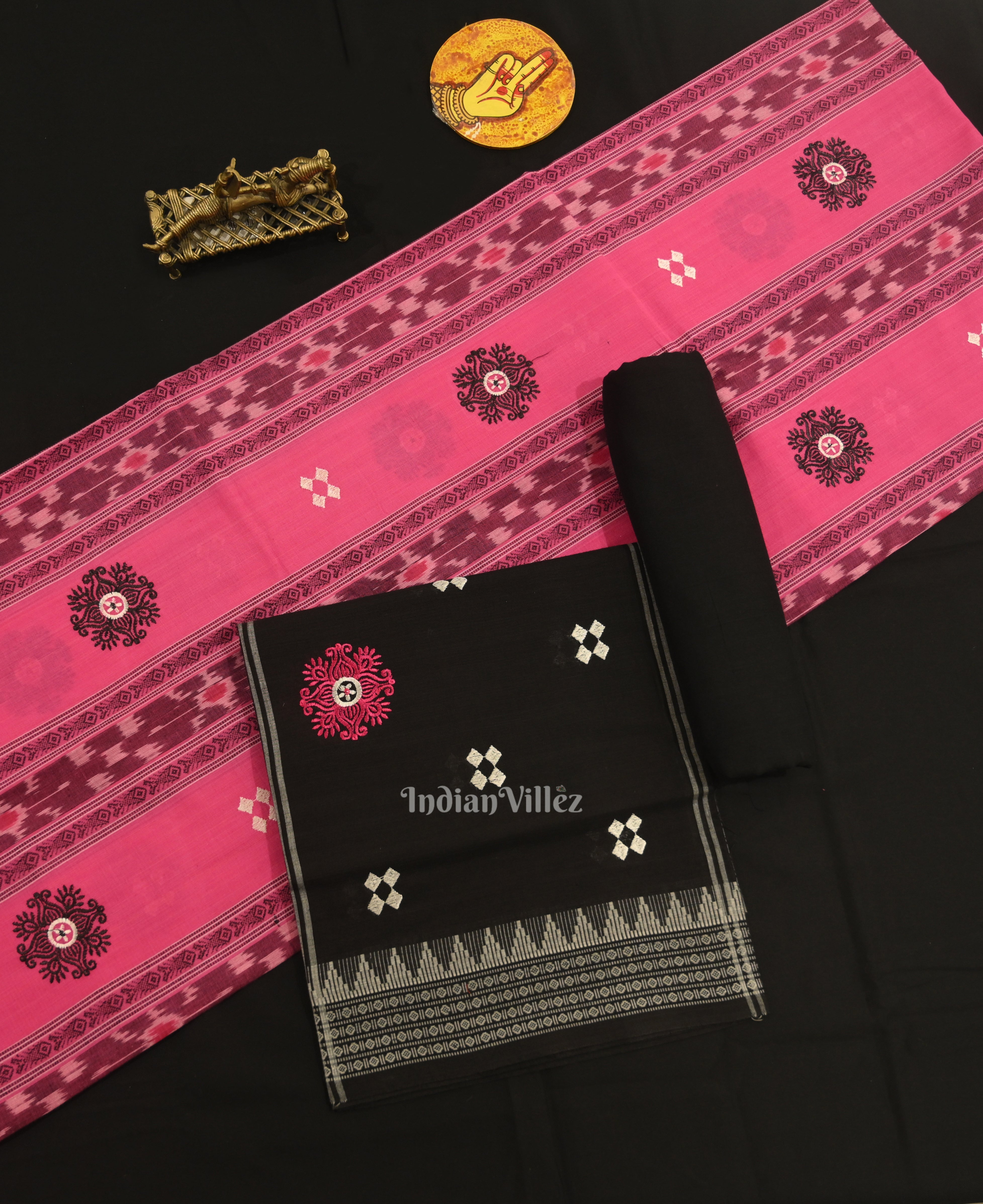 IndianVillèz Baby Pink Black Flower Buti Odisha Ikat Sambalpuri Dress Material & Dupatta