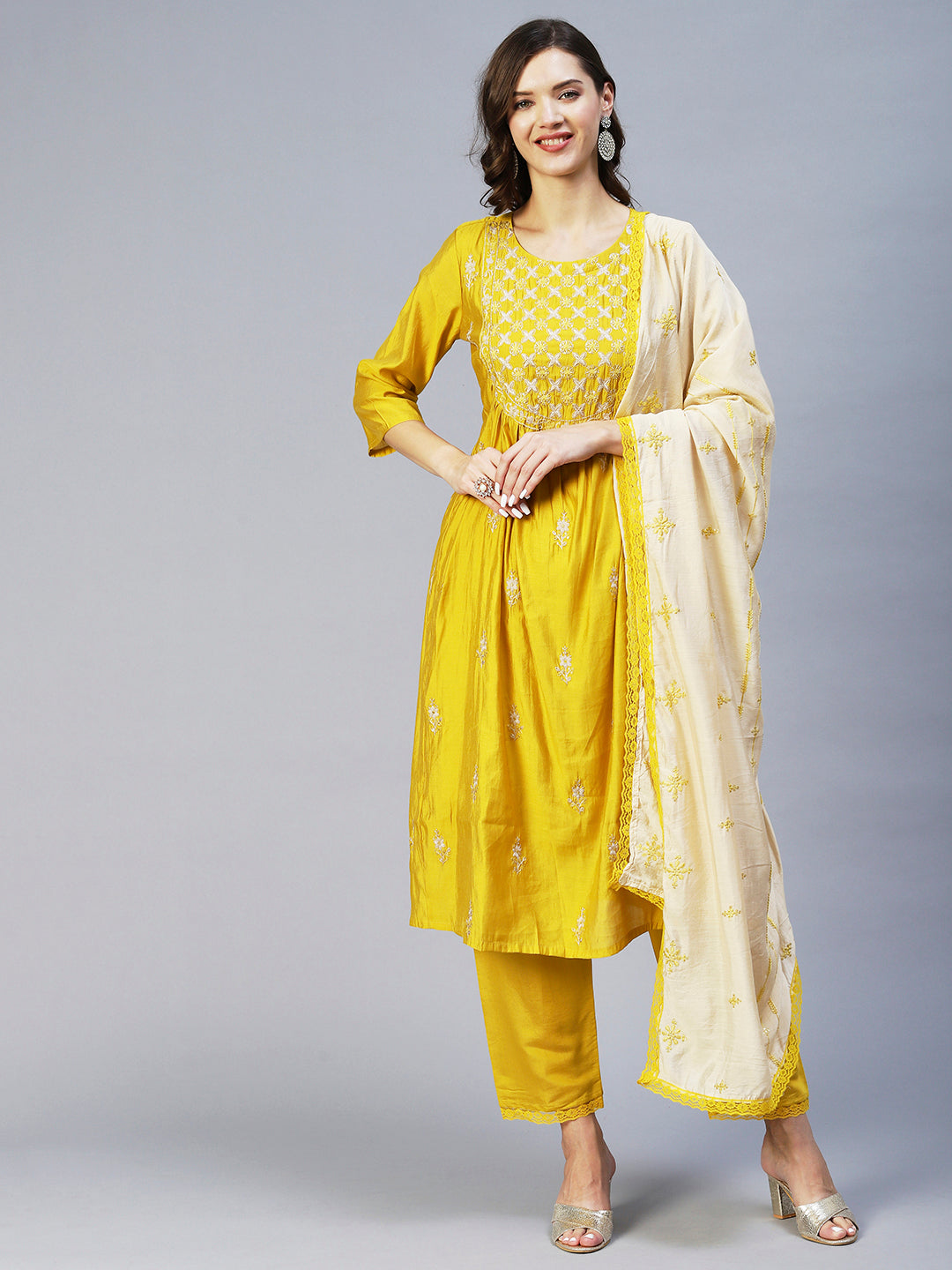 Fashor Ethnic Embroidered A-Line Kurta with Pant & Dupatta - Yellow - view 2