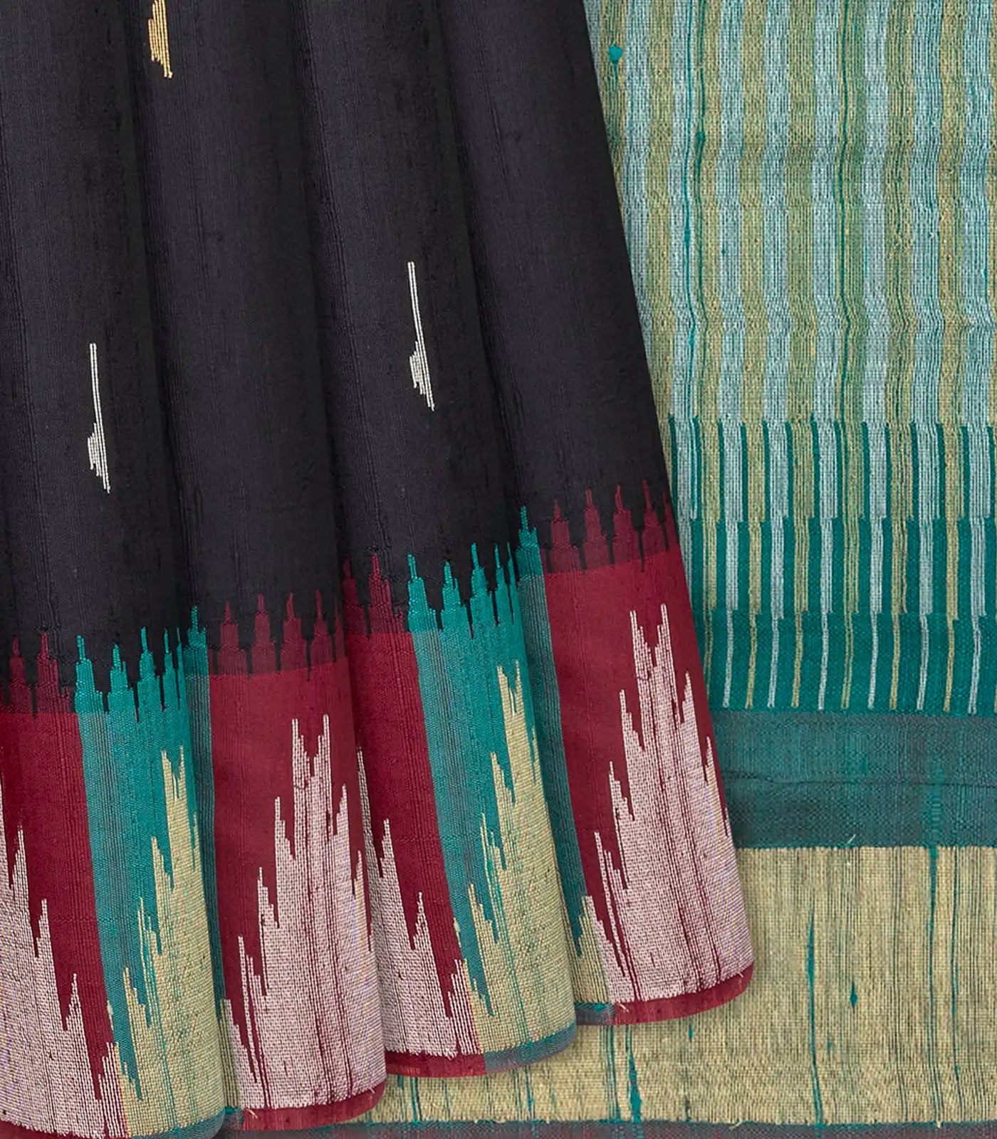 RmKV Black Handloom Dupion Silk Saree With Jasmine Bud Motifs-Black