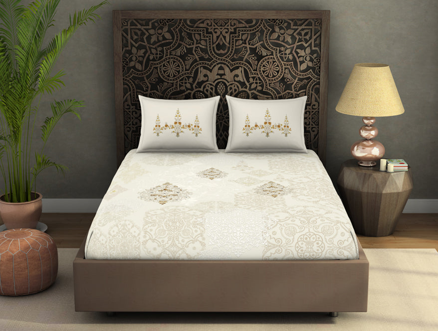 Spaces India Ornate Cream 100% Cotton King Size Bedsheet Rangana Digital - By Occasions