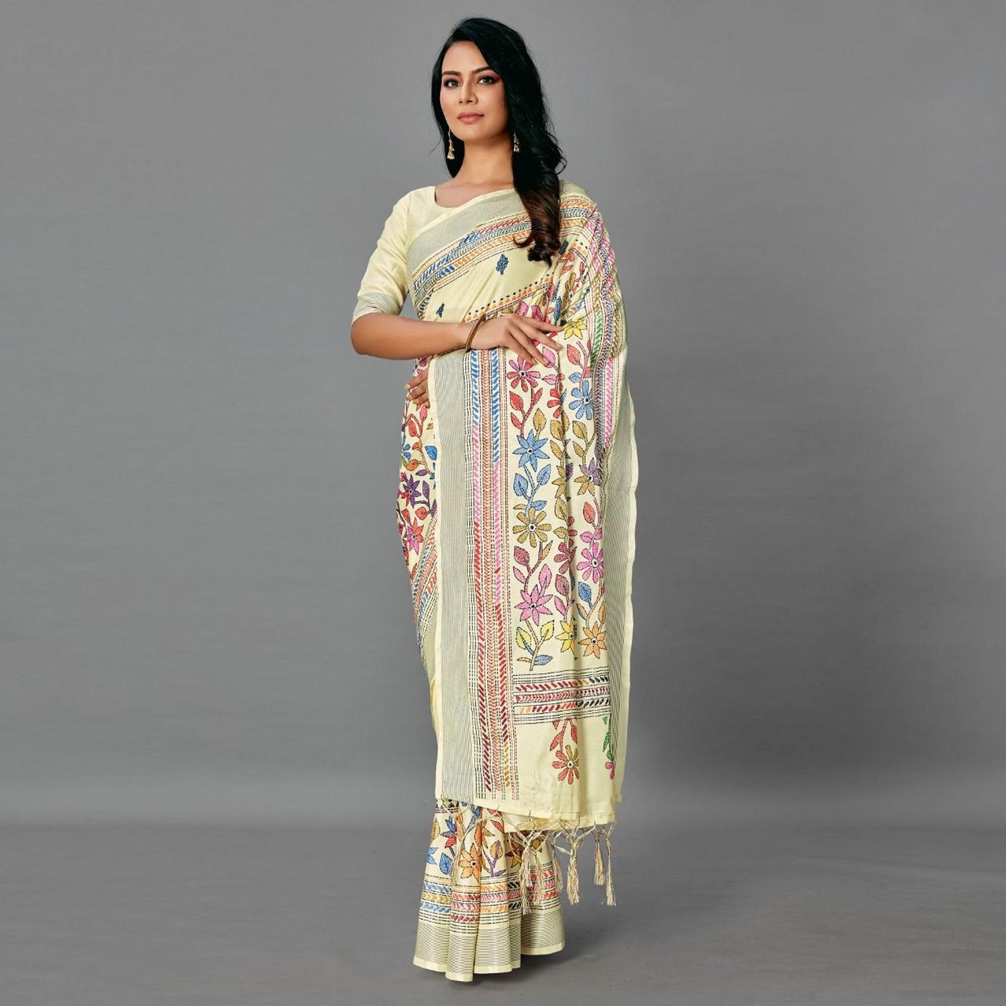 Peachmode Cream Casual Art Silk Printed Saree With Unstitched Blouse - view 4