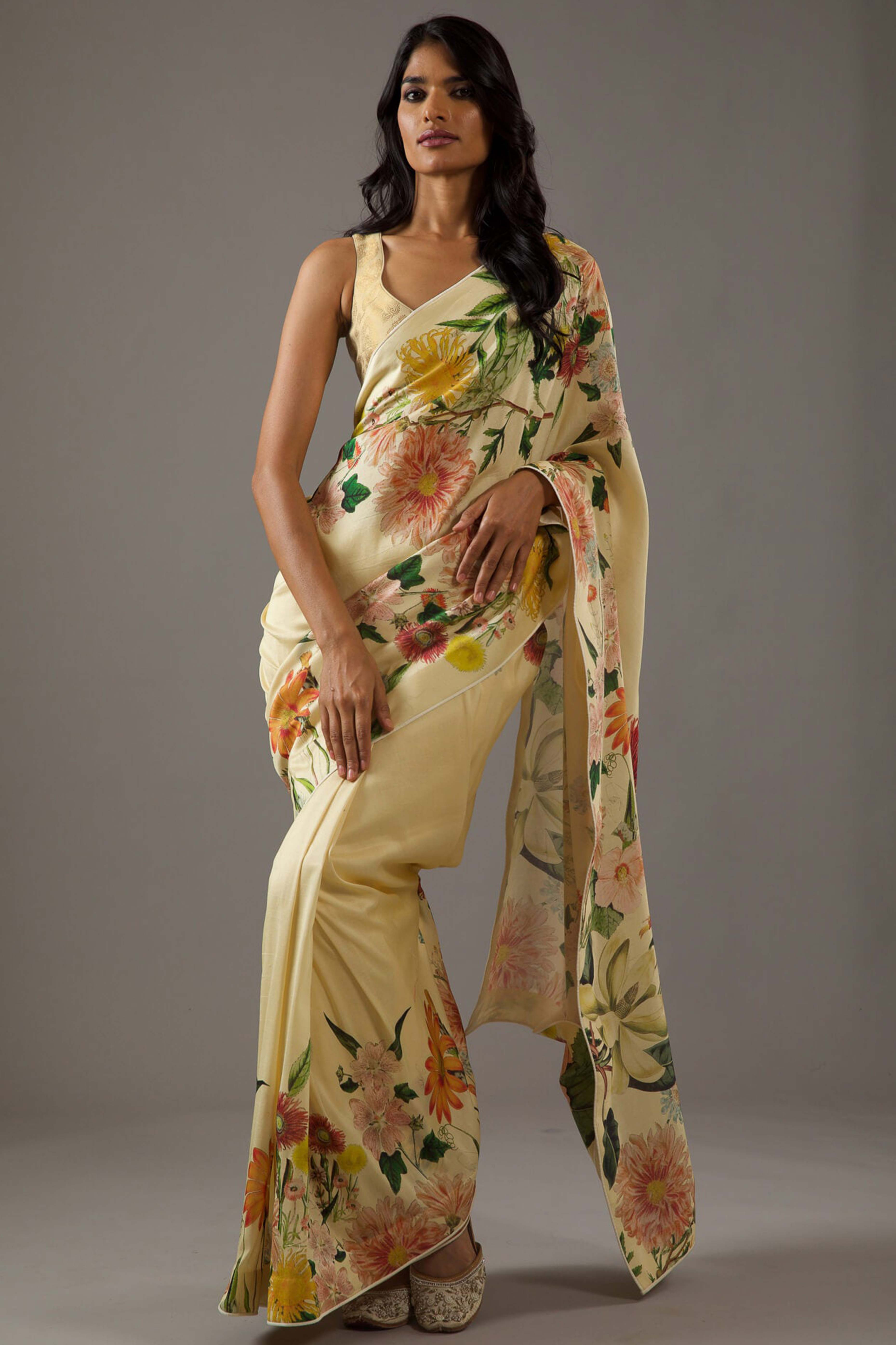 Peachmode Cream Floral Printed Chiffon Saree – Women's