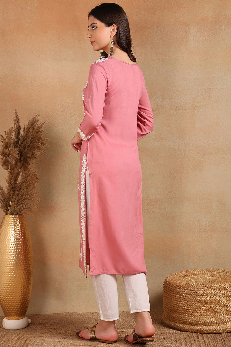 Ahika Pink Viscose Rayon Solid Embroidered Chikankari Straight Kurta VCK9776PNK - view 5