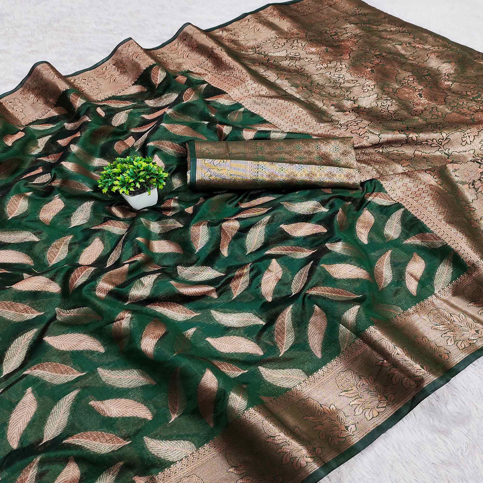 Peachmode Bottle Green Woven Organza Saree – Women's