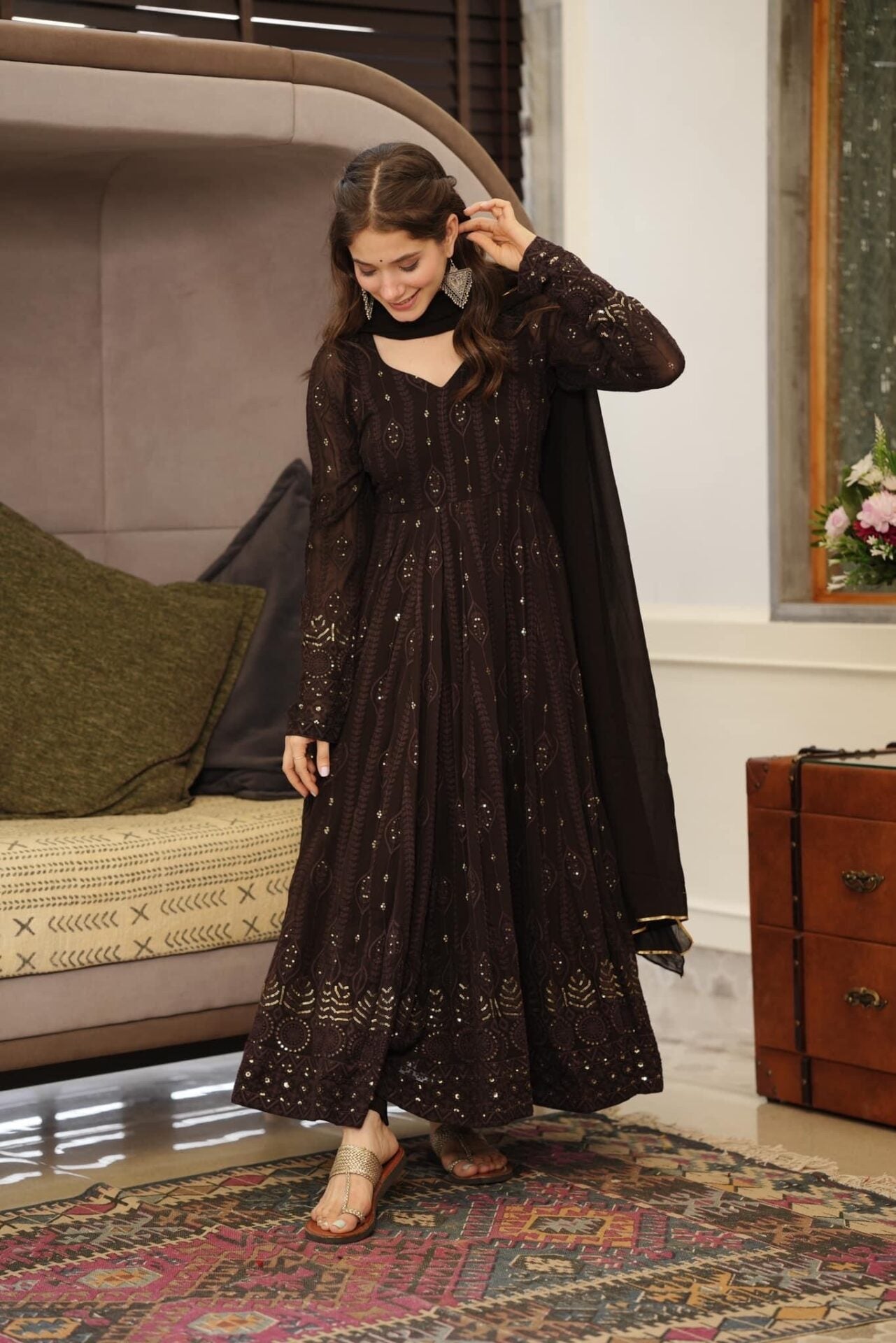 Idaho-o brown embroidered georgette suit set - view 3