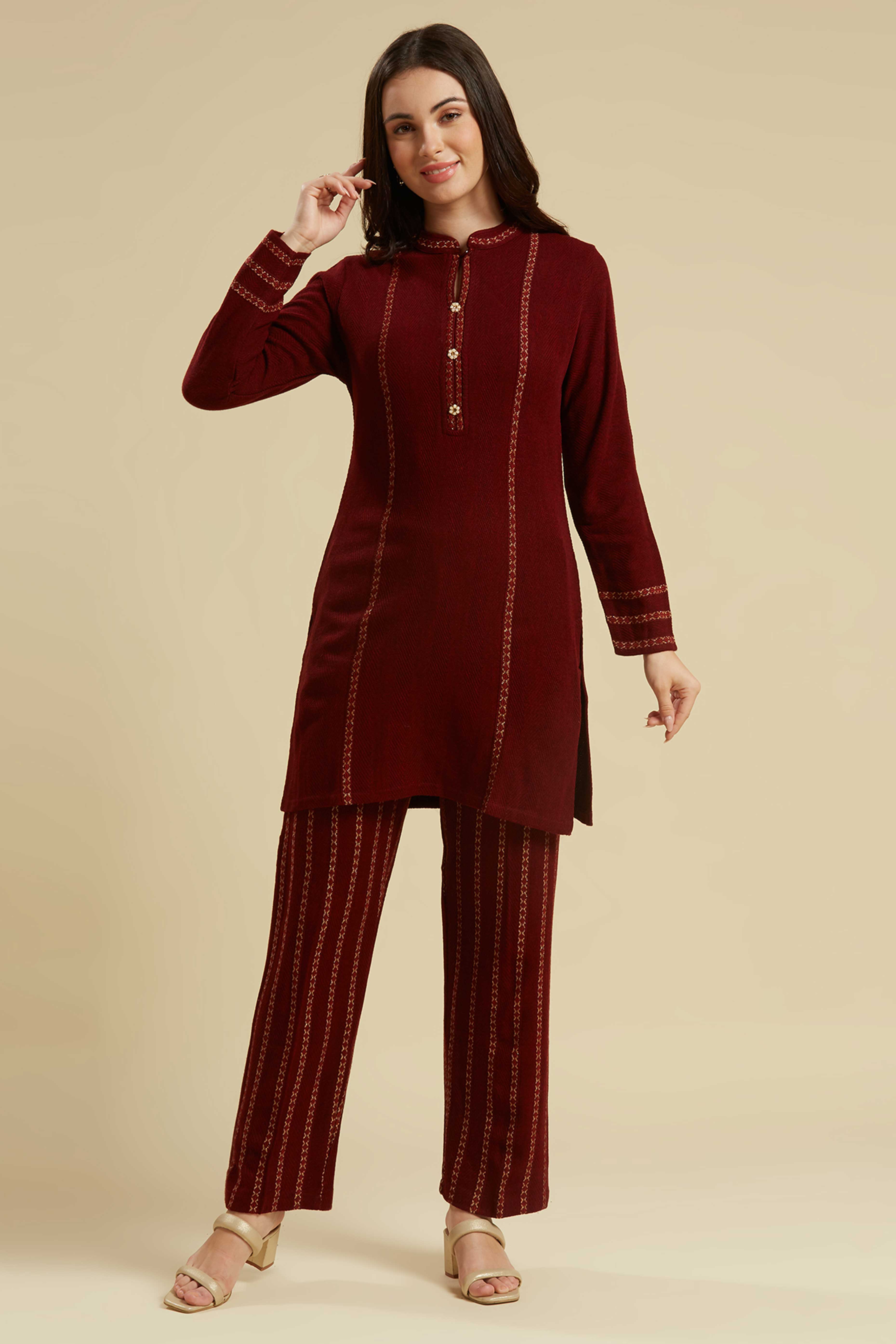 Peachmode Maroon Woven Woolen Straight Top Bottom Set - view 6