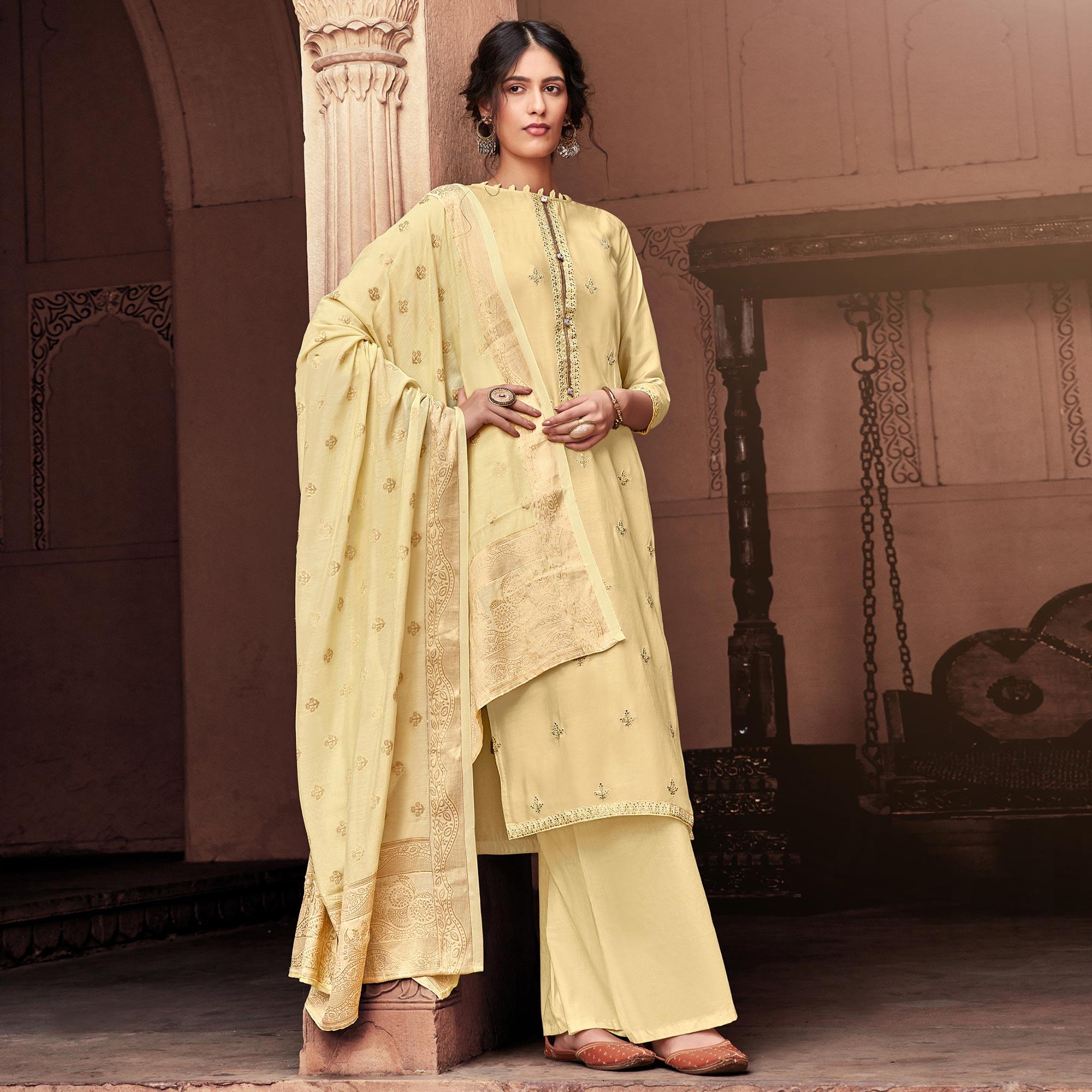 Peachmode Elegant Cream Colored Partywear Embroidered Viscose Muslin Palazzo Suit
