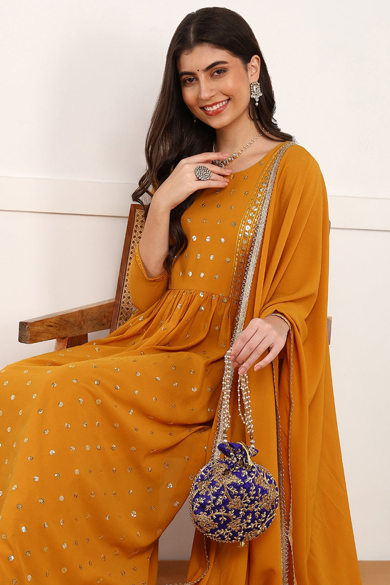 Ahika Mustard Yellow Georgette Solid Embroidered Straight Palazzo Suit Set PKSKD2521YLW - view 3