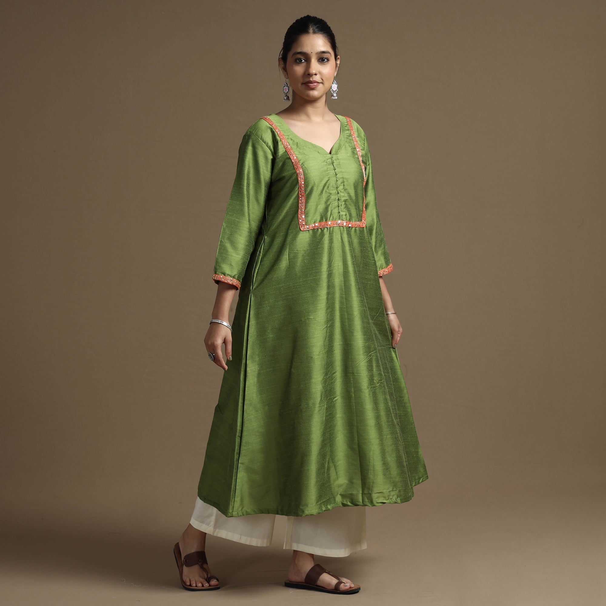 ITOKRI CASUALS Apple Green - Plain Solid Slub Silk A-Line Kurta with Beadwork Hand Embroidery Lace - view 2