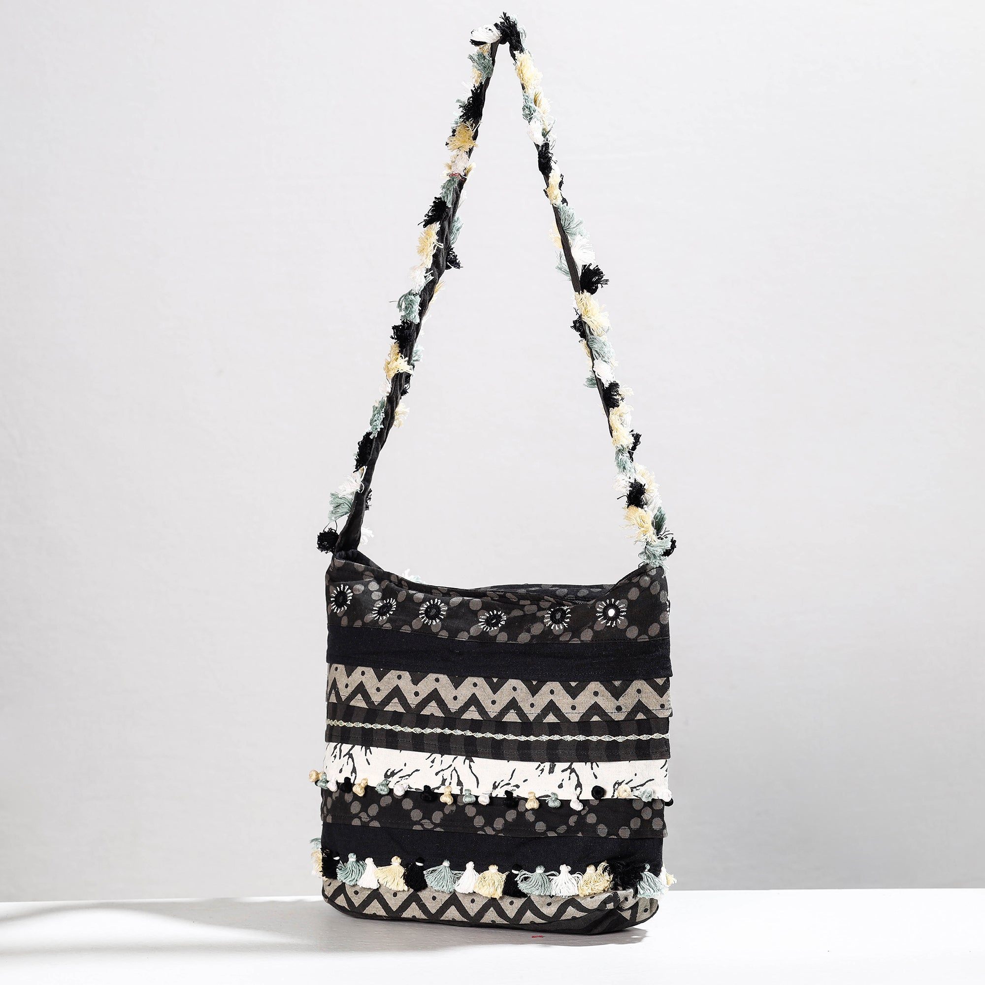 SANDUR KUSHALA KALA KENDRA Black - Lambani Mirror Work Hand Embroidery Patchwork Cotton Shoulder Bag - view 3