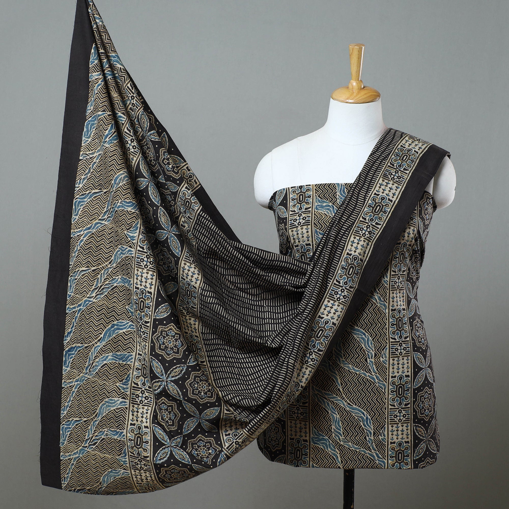 KACHCHH JI CHHAAP Black - 3pc Block Print Cotton Ajrakh Dress Material 02