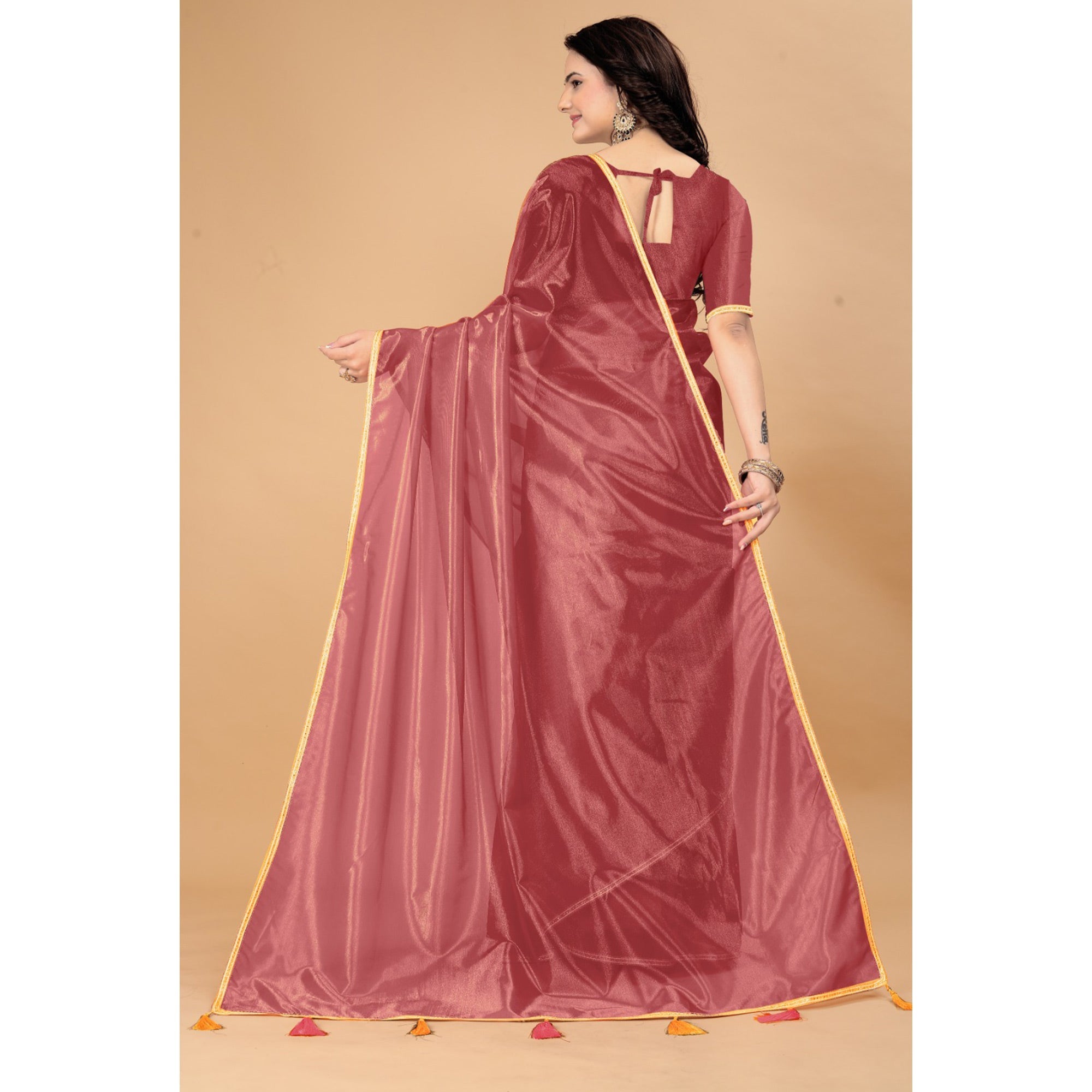 Peachmode Brick Red Solid Nylon Saree With Lace Border - view 6