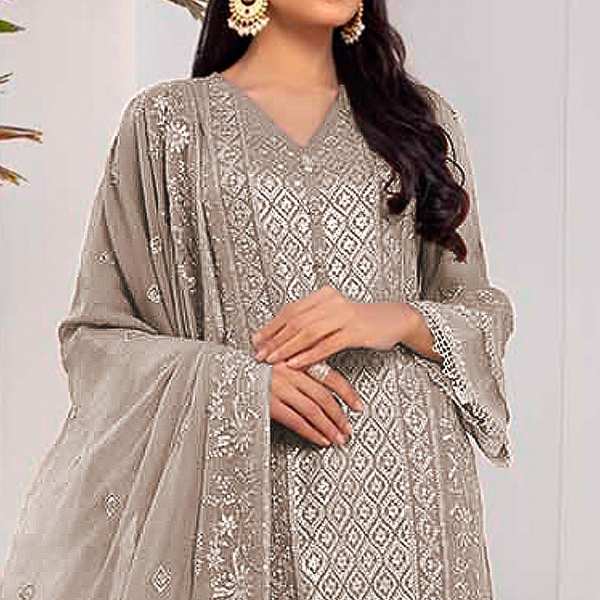 Peachmode Coffee Embroidered Georgette Pakistani Suit - view 3