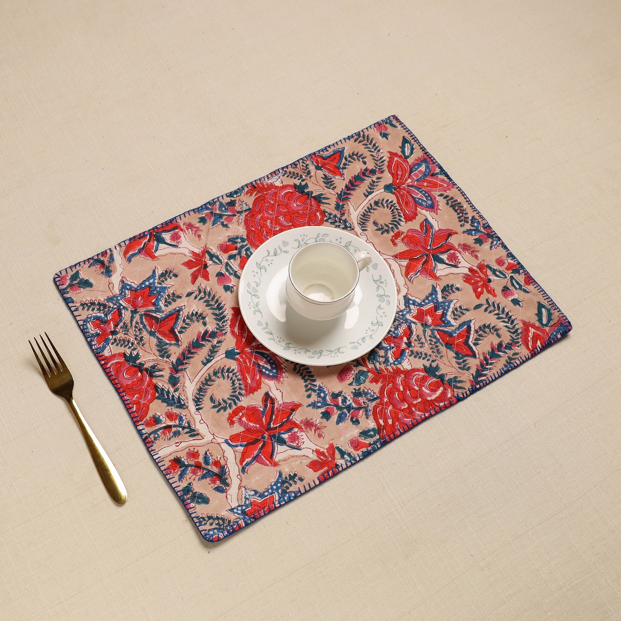 NOORI BAZAR Beige - Hand Embroidered Floral Cotton Reversible Table Mat 17
