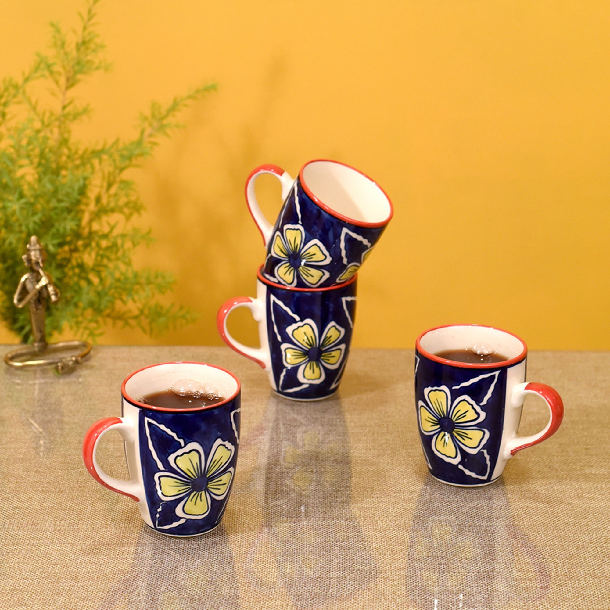 ART CREATIONS BY SUMAN SONTHALIA Blue - Flowers of Ecstasy Coffee Mugs Set of 4, Azure
