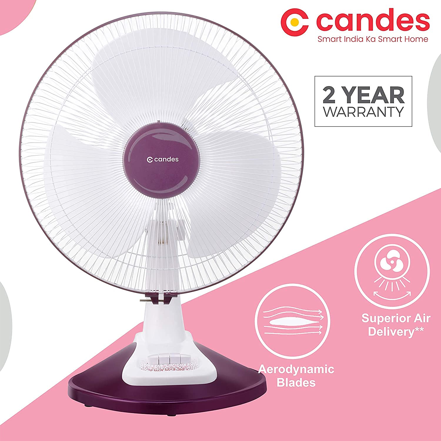Candes Desker Table Fan for Cooling with Automatic Oscillation (400 MM) 80W (White Cherry) - view 3