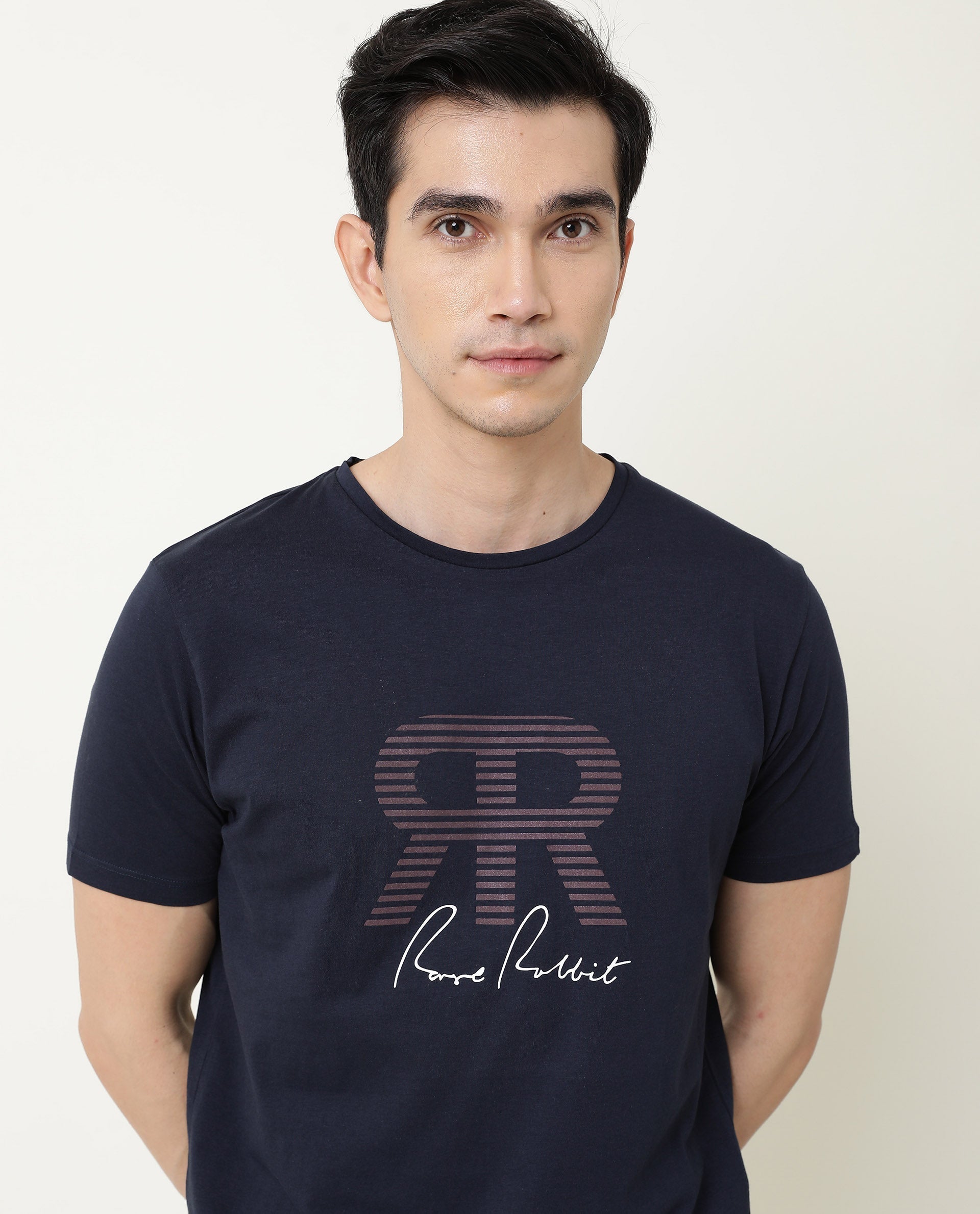 Rare Rabbit Mens Near Navy T-shirt Cotton Fabric Slim Fit Crew Neck Short Sleeve Graphic Print - view 7