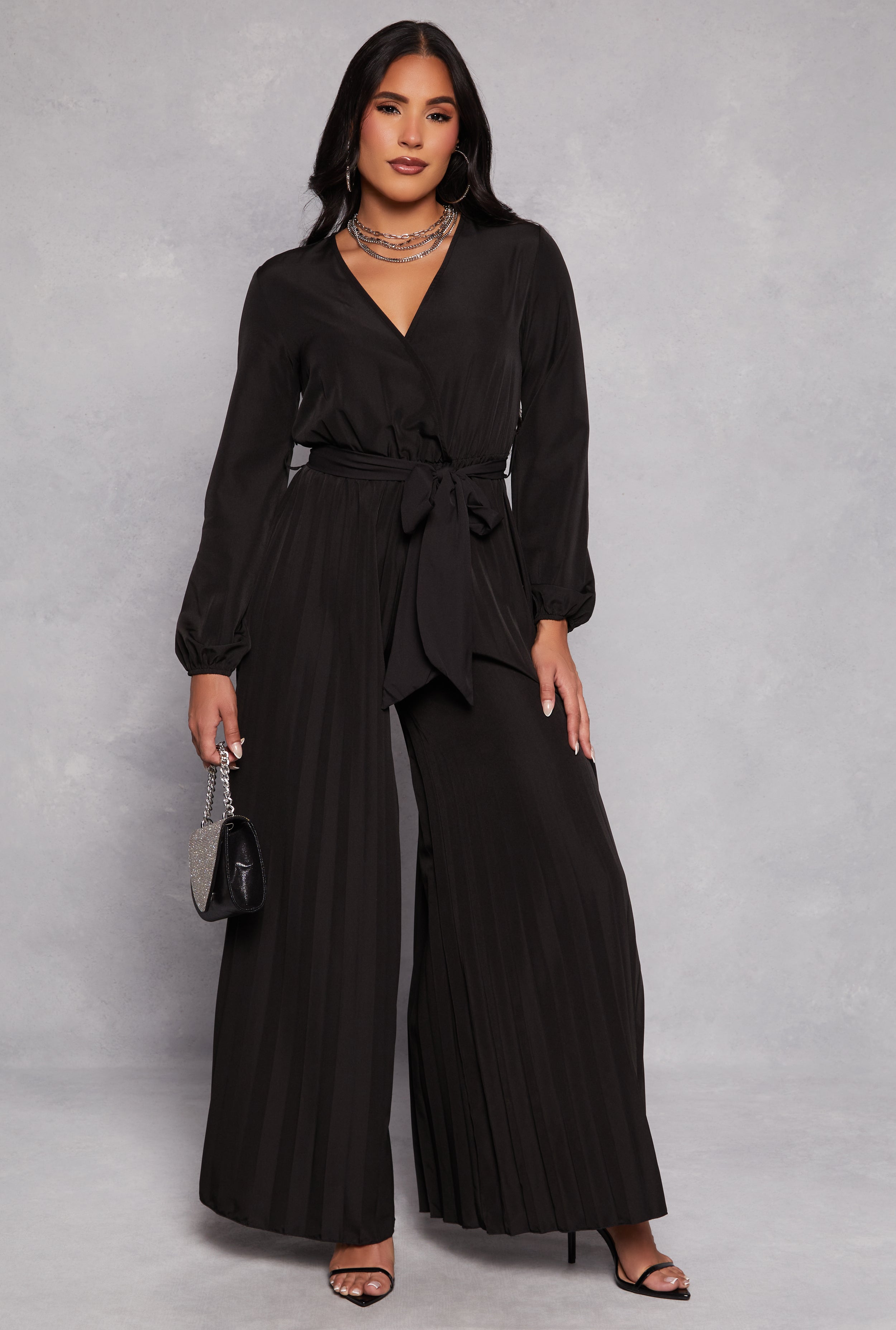 Rainbow Shops Pleated Wide Leg Faux Wrap Jumpsuit
