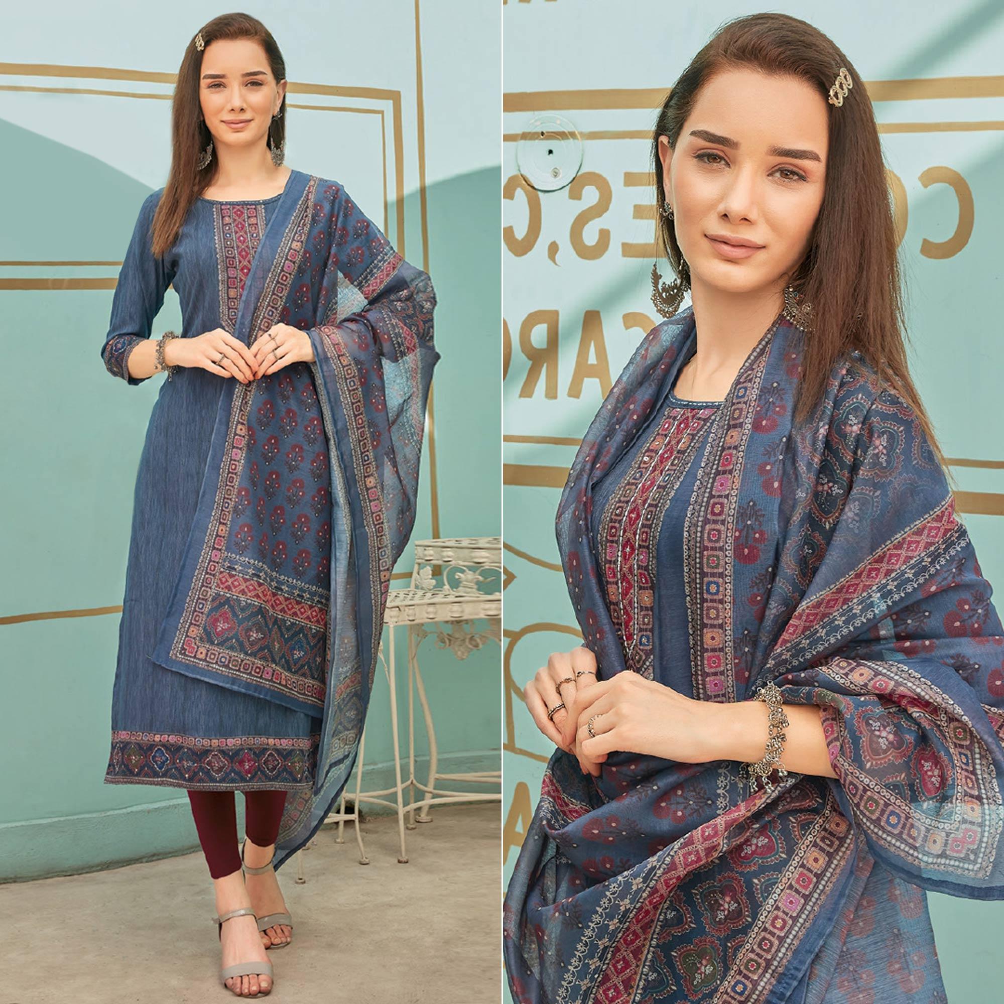 Peachmode Seller Grey Printed With Embroidery Tapetta Silk Kurti With Dupatta