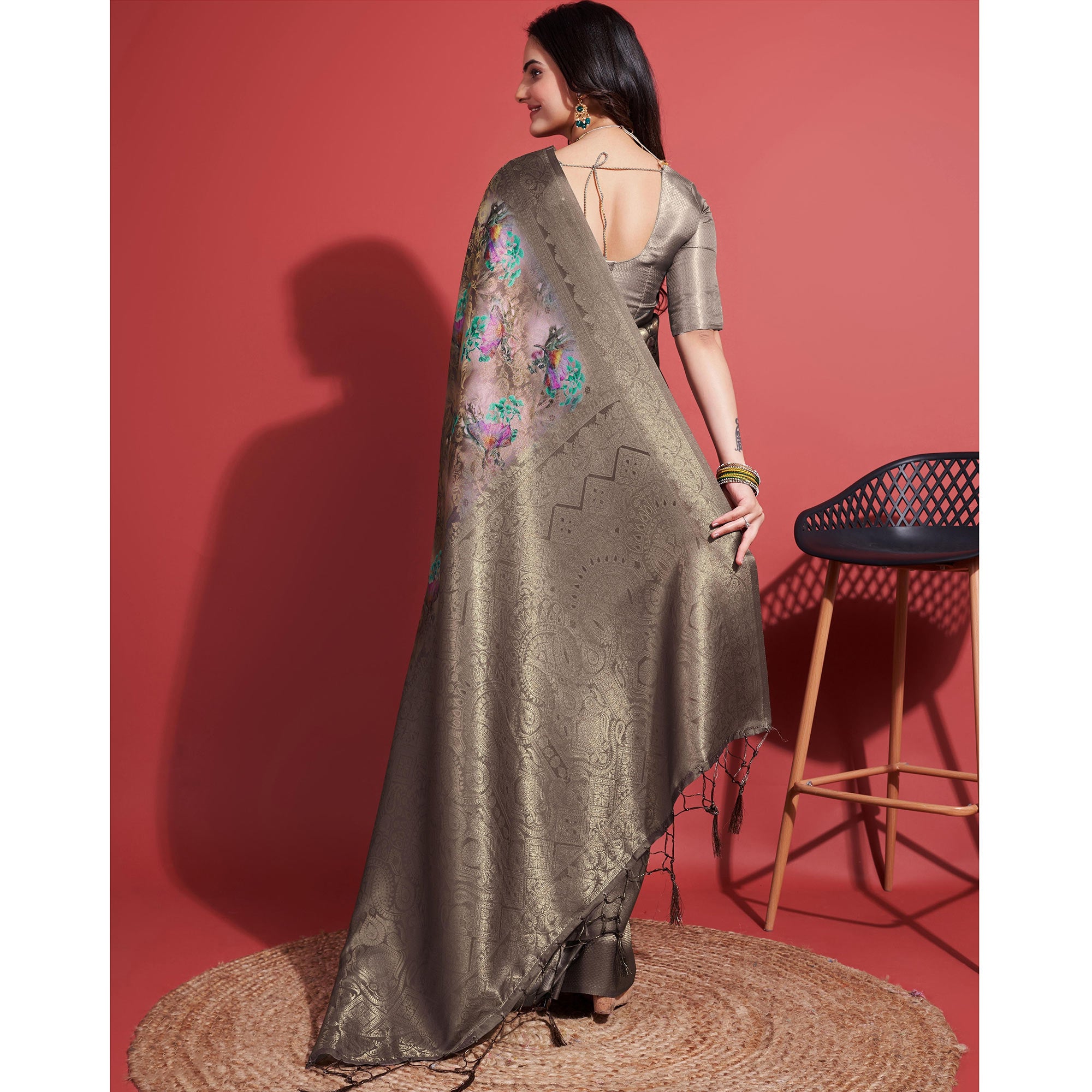 Peachmode Dusty Brown Floral Digital Printed With Woven Border Banarasi Silk Saree - view 6