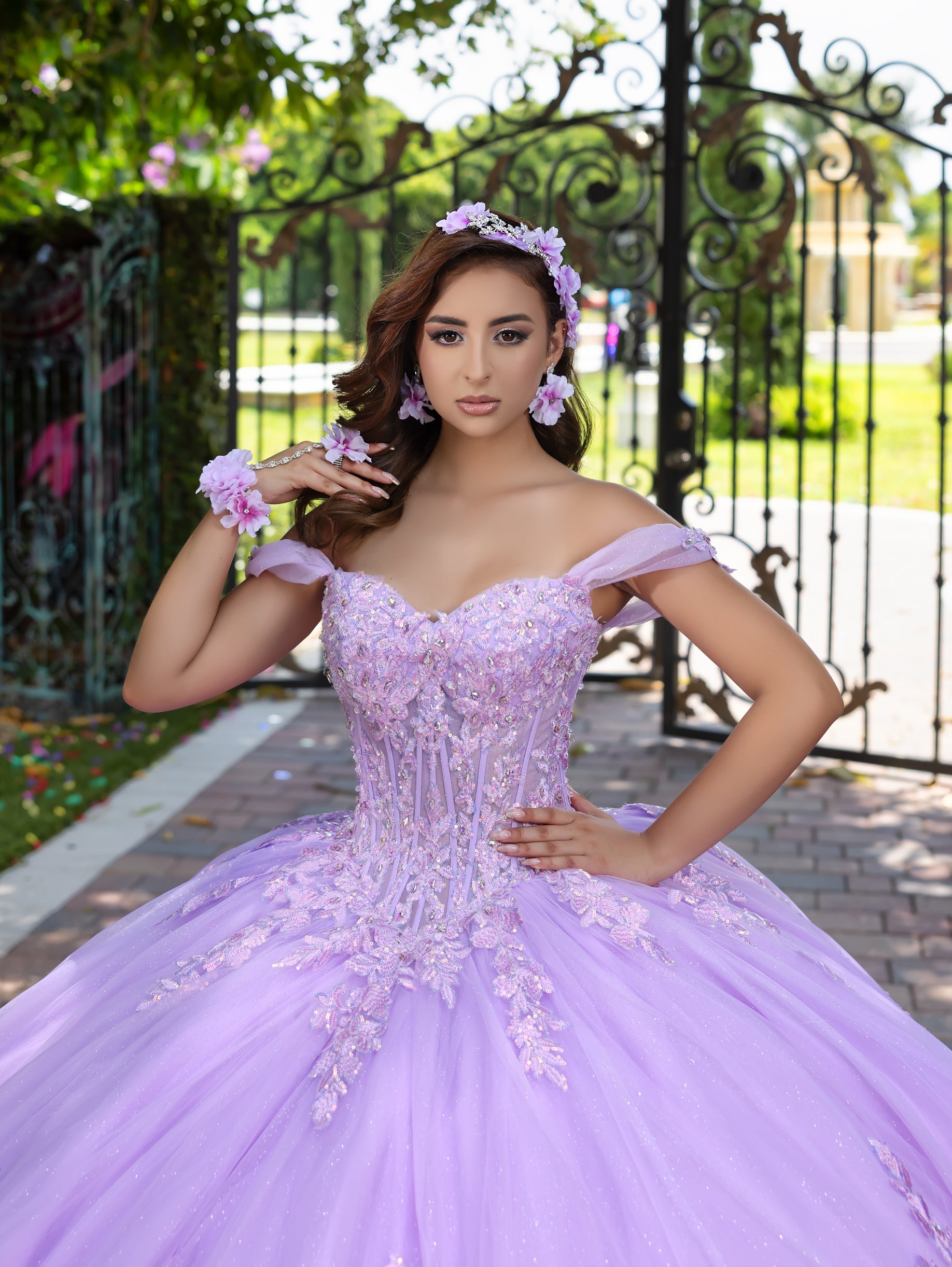 House of Wu Fiesta Gowns 3D Floral Off Shoulder Ball Gown by LizLuo Fiesta 56529 - view 3