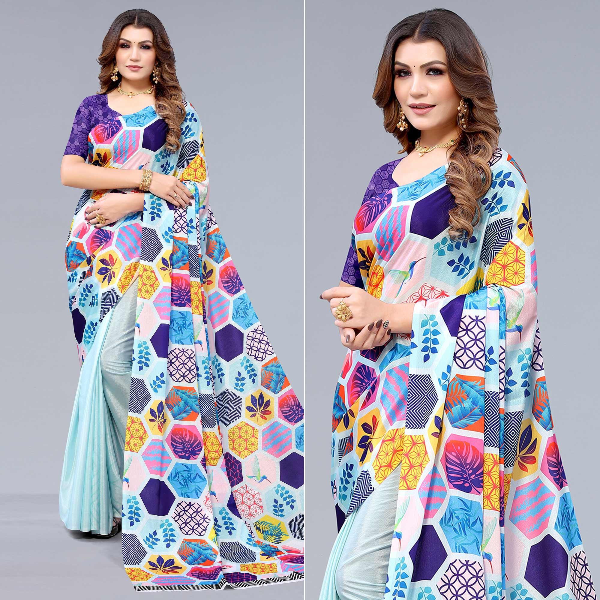 Peachmode Light Blue Floral Printed Chiffon Half and Half Saree
