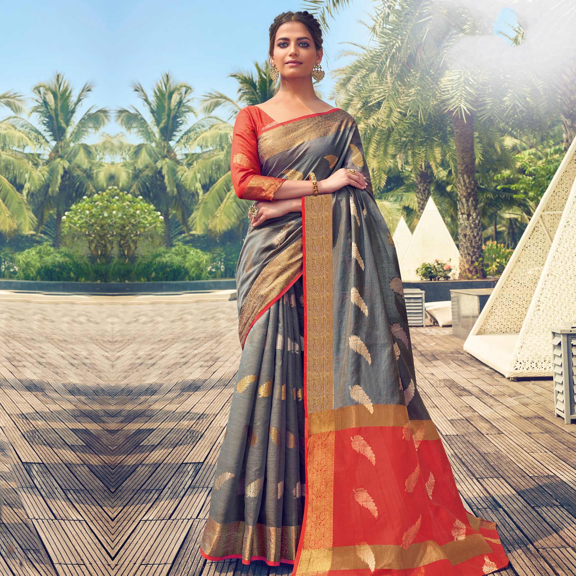 Peachmode Lovely Grey Colored Festive Wear Woven Cotton Handloom Saree