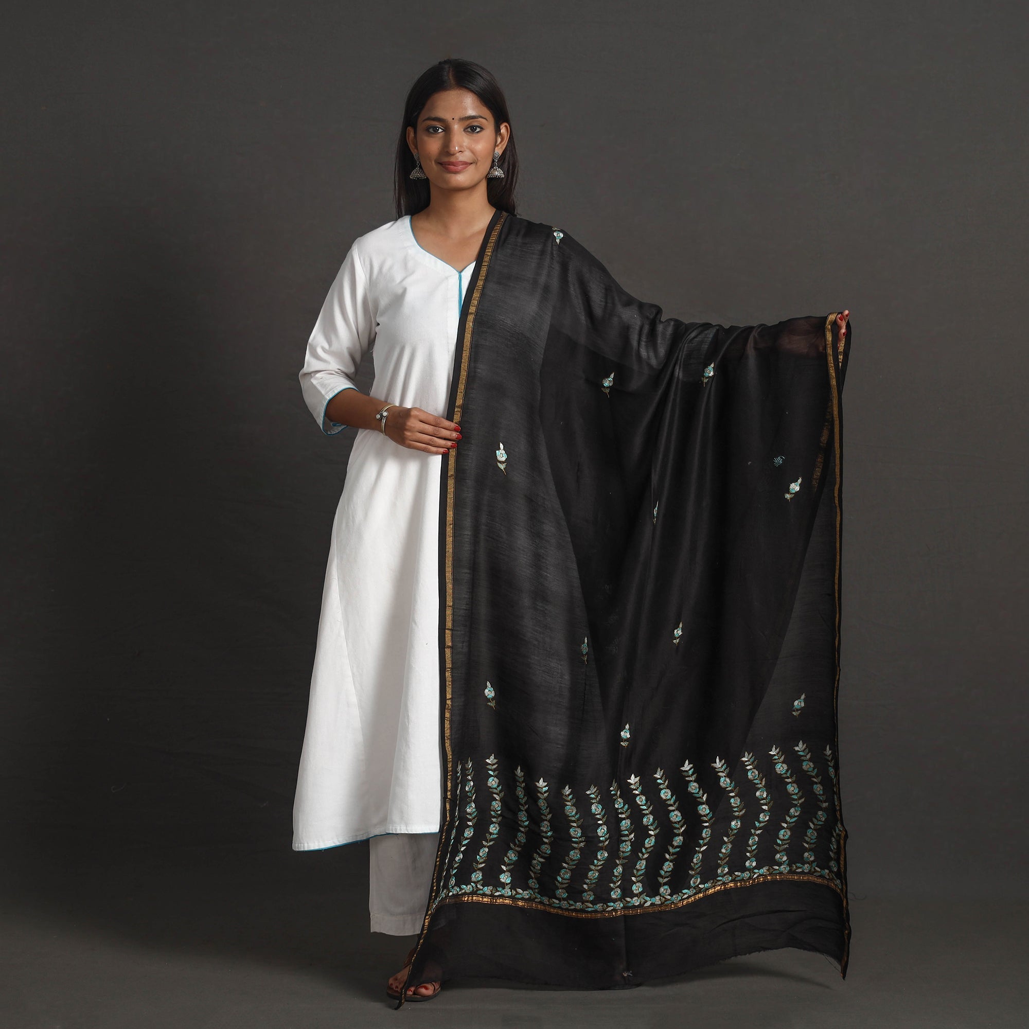 ITOKRI CRAFTS INITIATIVE Black - Handloom Chanderi Silk Kashida Embroidery Dupatta 31