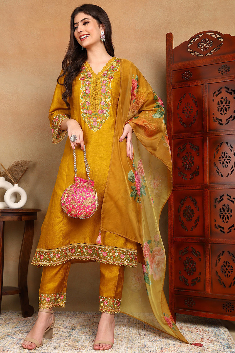 Ahika Mustard Yellow Silk Blend Solid Embroidered Straight Trouser Bottom Suit Set PKSKD2475 - view 2