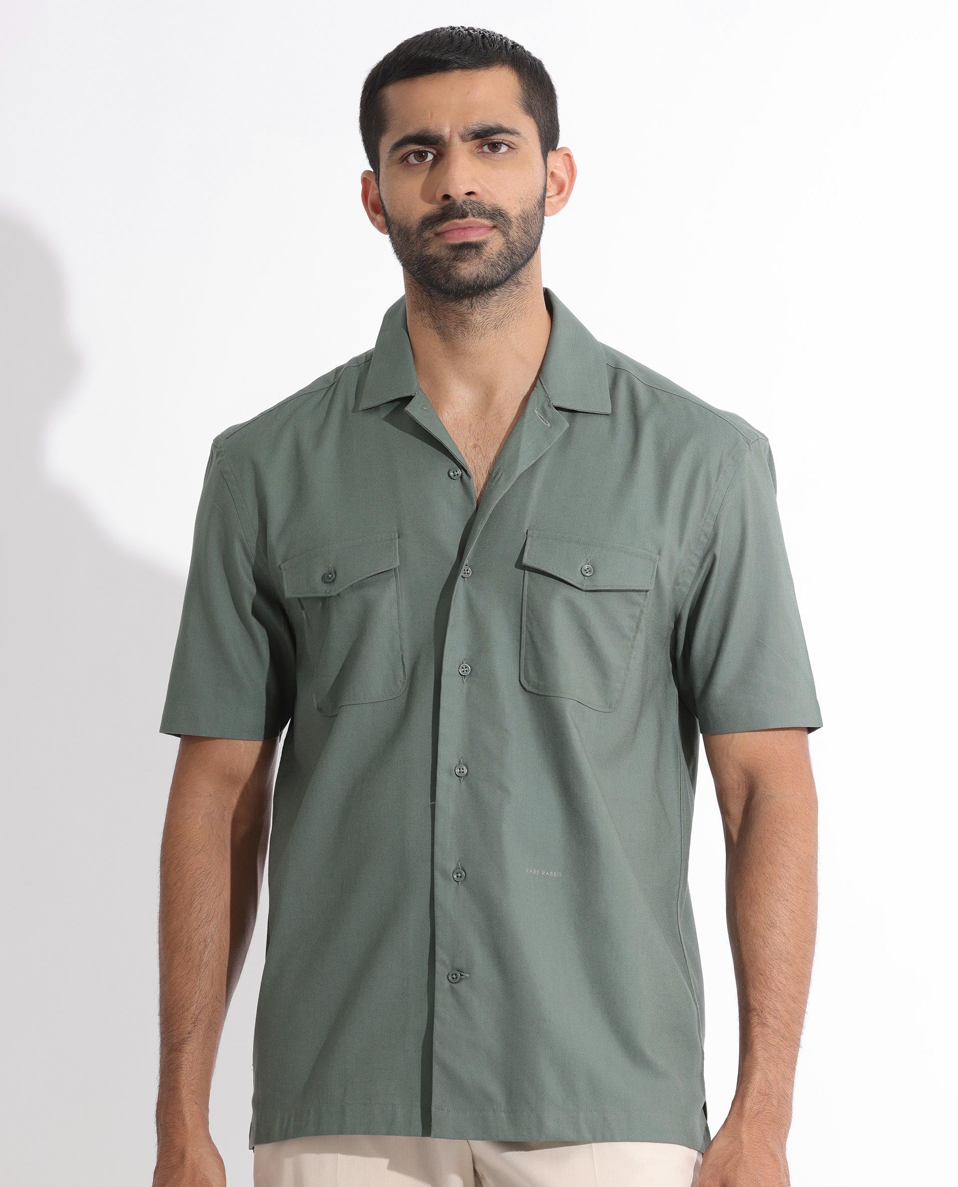 Rare Rabbit Men's Salford Dusky Green Cuban Collar Half Sleeves Two Flap Pocket Solid Shirt - view 6