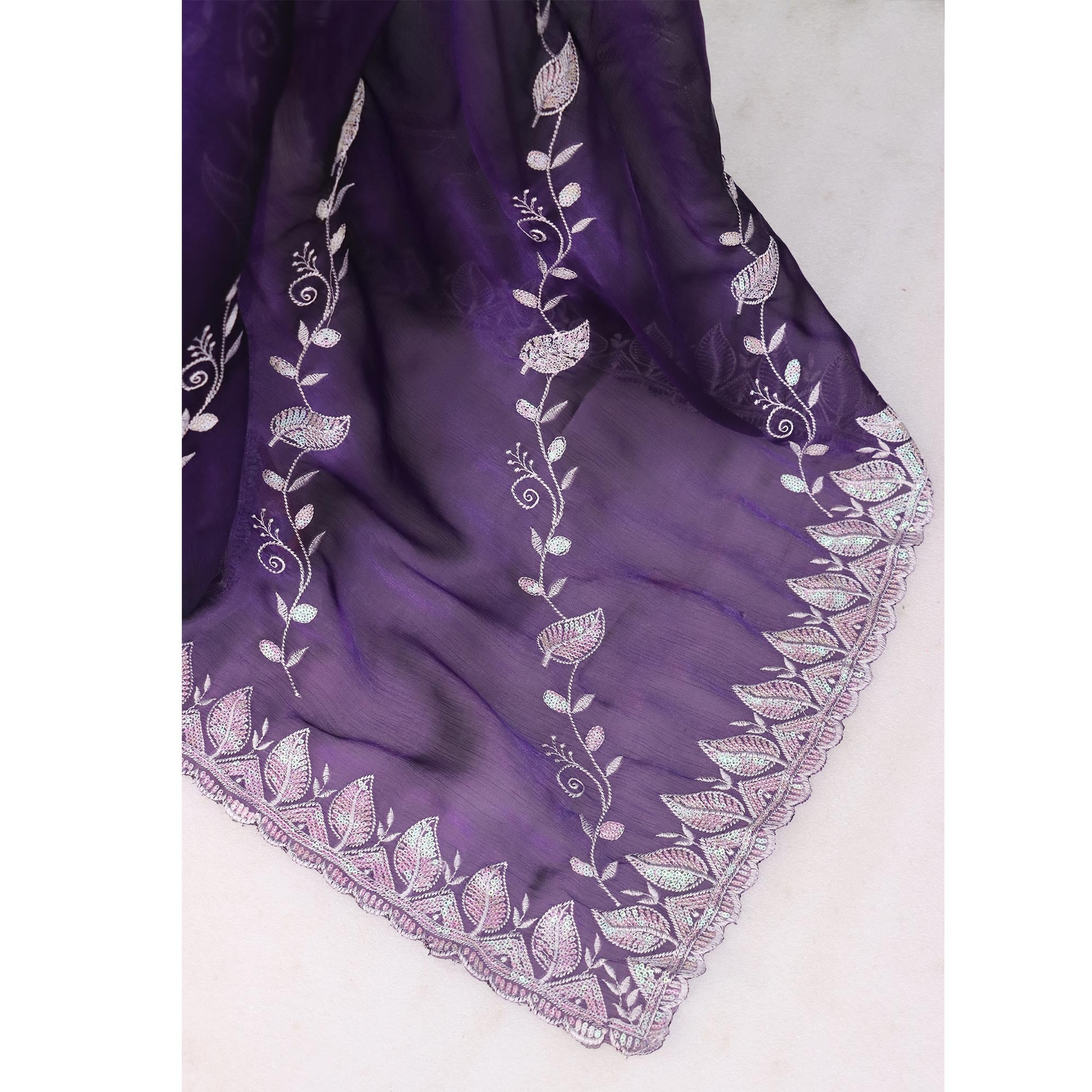 Peachmode Purple Sequins Embroidered Chiffon Saree - view 7