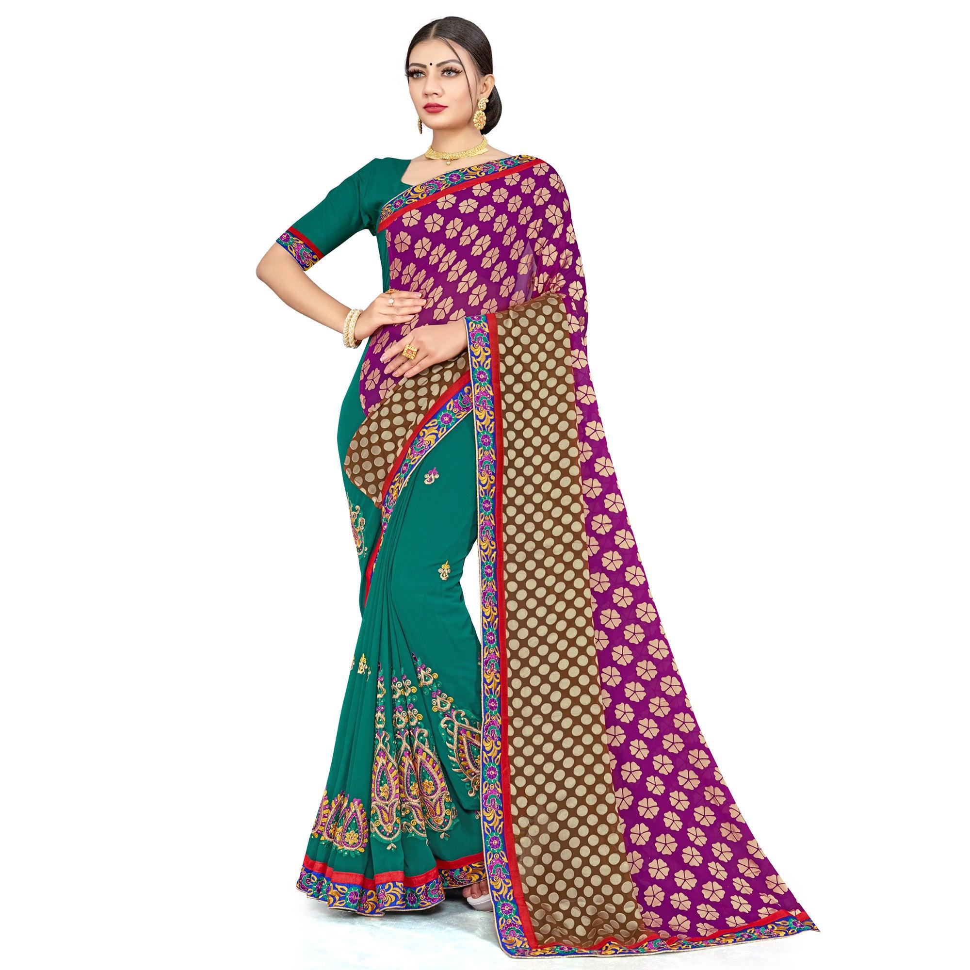 Peachmode Ethnic Green-Purple Colored Party Wear Embroidered Georgette Half-Half Saree