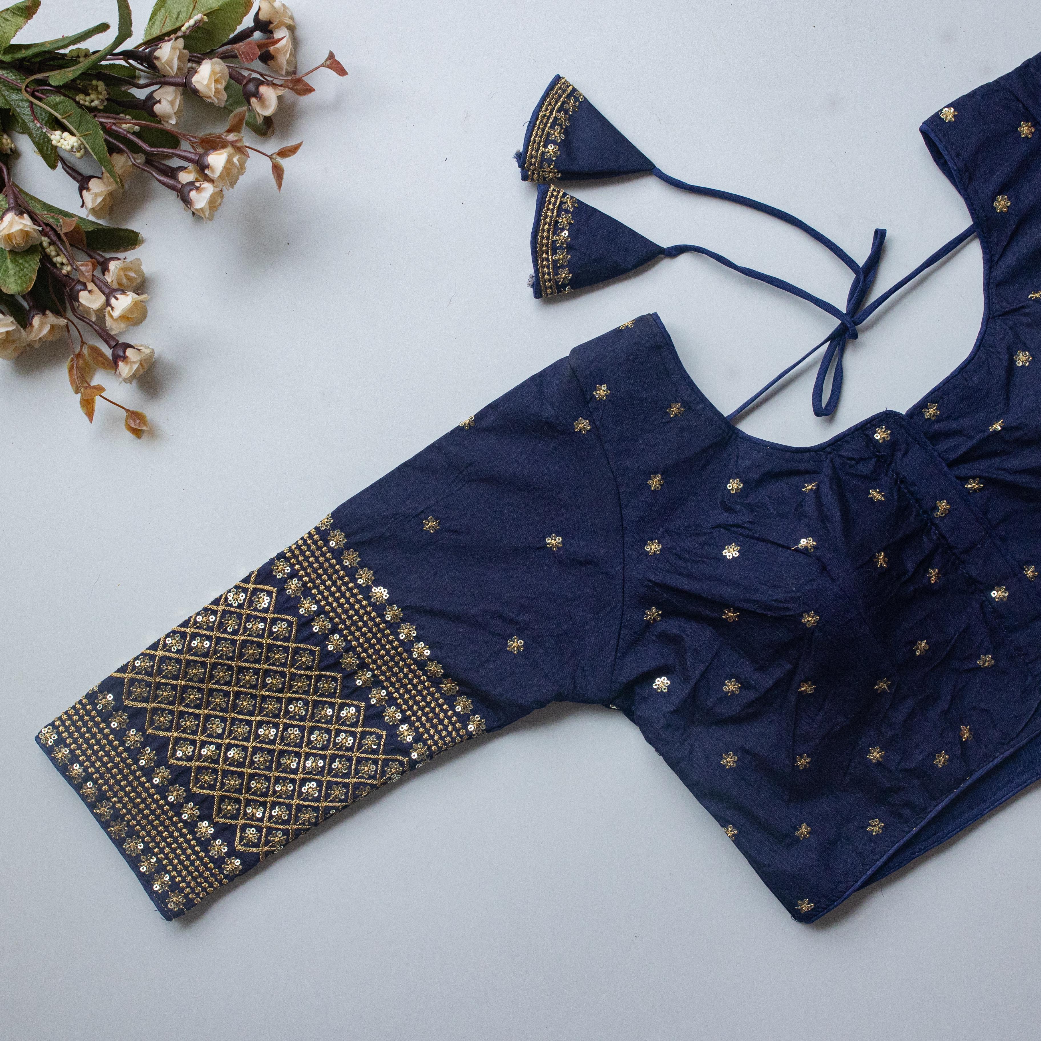 ClothsVilla Navy Blue Kashish Silk Blouse with Beautiful Embroidery and Sequined Touch