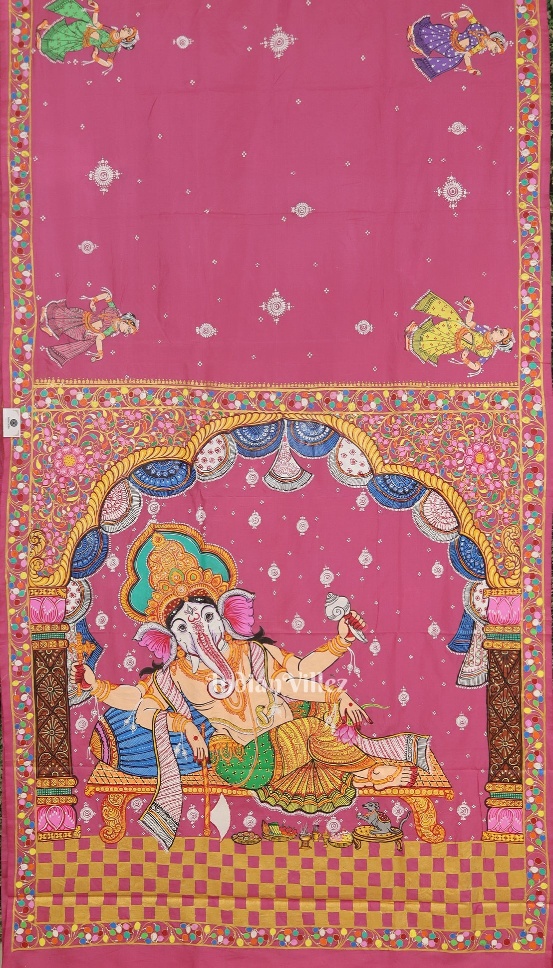 IndianVillèz Pink Shree Siddhivinayak Ganapati Hand-Painted Pattachitra Saree