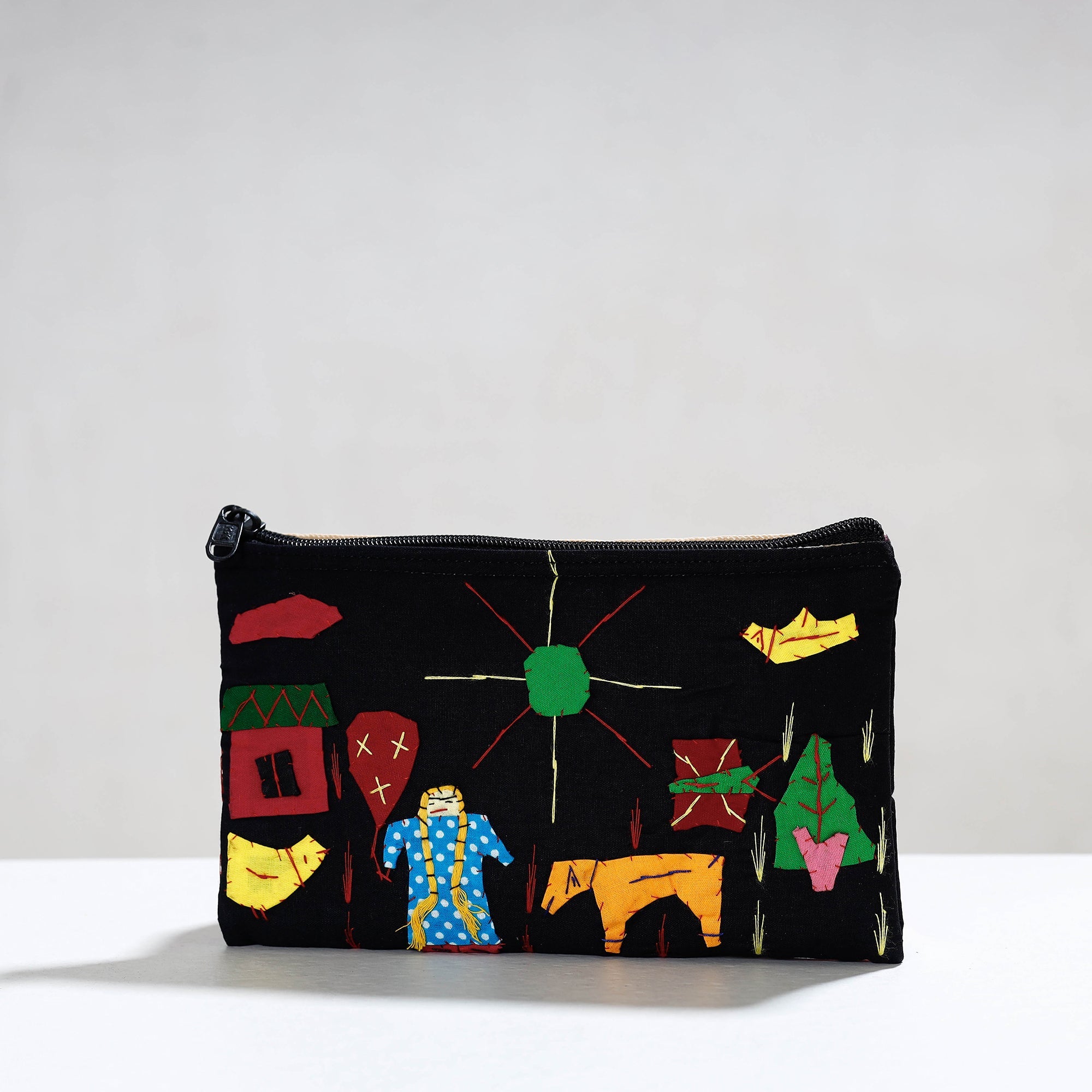 ASHOKA ASSEMBLE - CELEBRATING CRAFTS OF ODISHA Black - Pipli Applique Work Cotton Cosmetic Pouch
