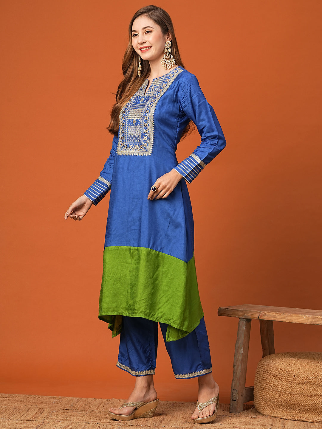 FASHOR Ethnic Zari Embroidered Colorblocked A-Line High-Low Kurta with Palazzo - Blue - view 4